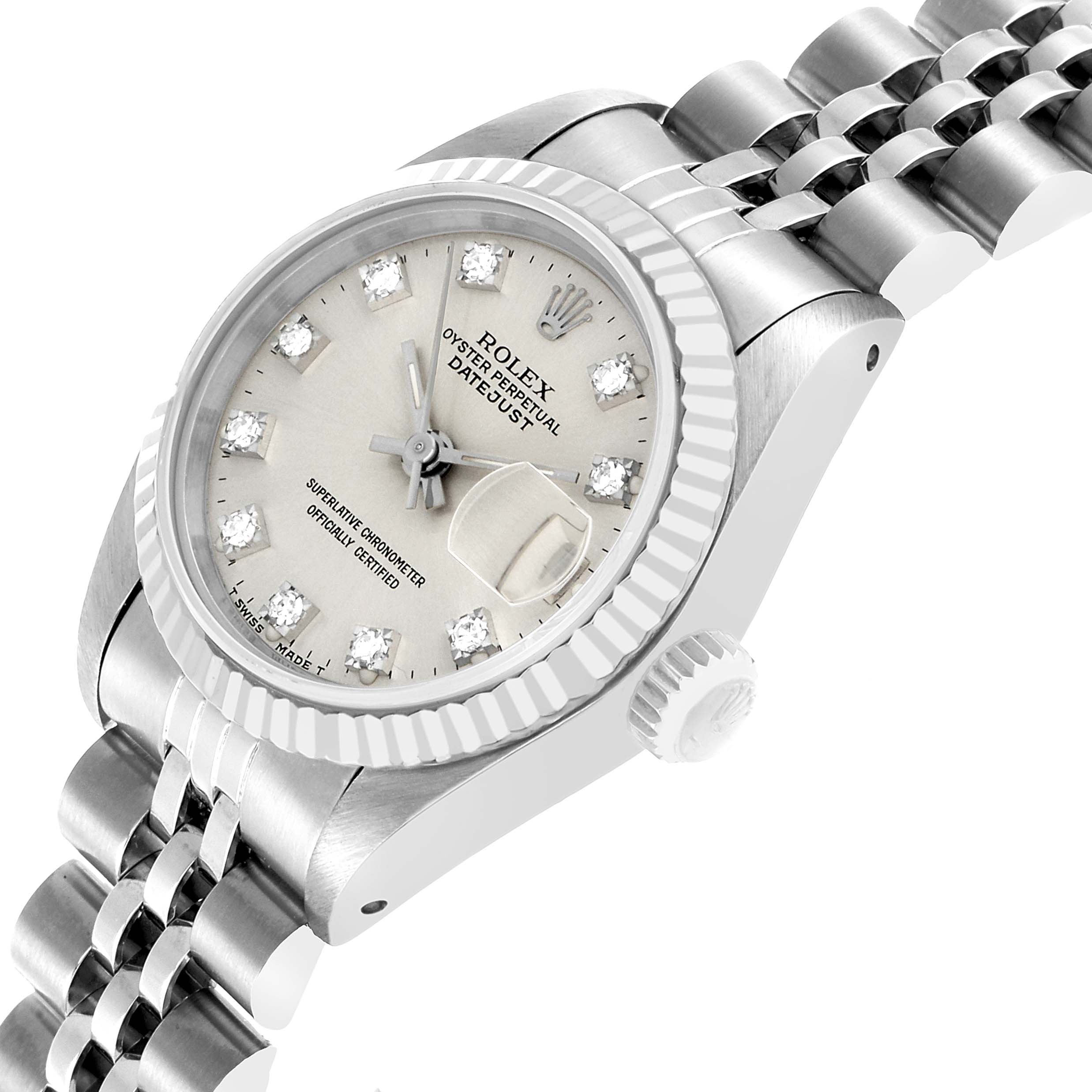 The Rolex Datejust 69174 Women's Stainless Steel Silver Dial watch is shown at an oblique angle, highlighting the dial, fluted bezel, and Jubilee bracelet.