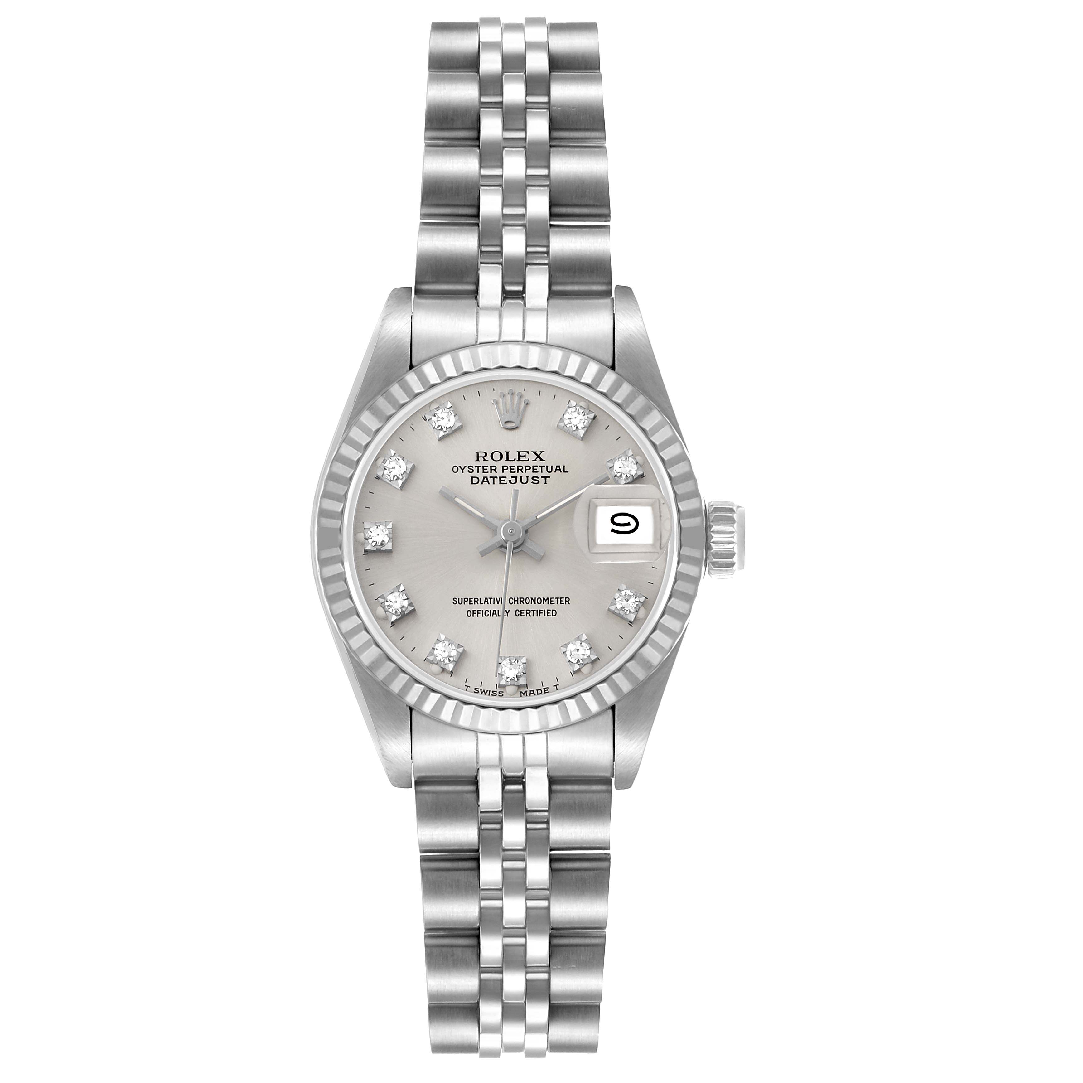 The Rolex Datejust 69174 Women's Stainless Steel Silver Dial watch is shown from a top-down angle, featuring its face, bracelet, and fluted bezel.