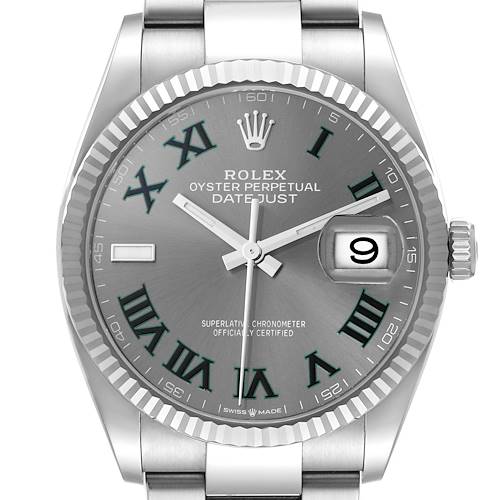 The image shows a front view of a Rolex Datejust watch, highlighting the face, bezel, crown, and part of the bracelet.