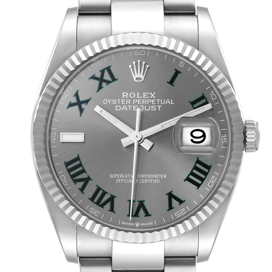 The image shows a front view of a Rolex Datejust, displaying the dial, hands, bezel, and crown.