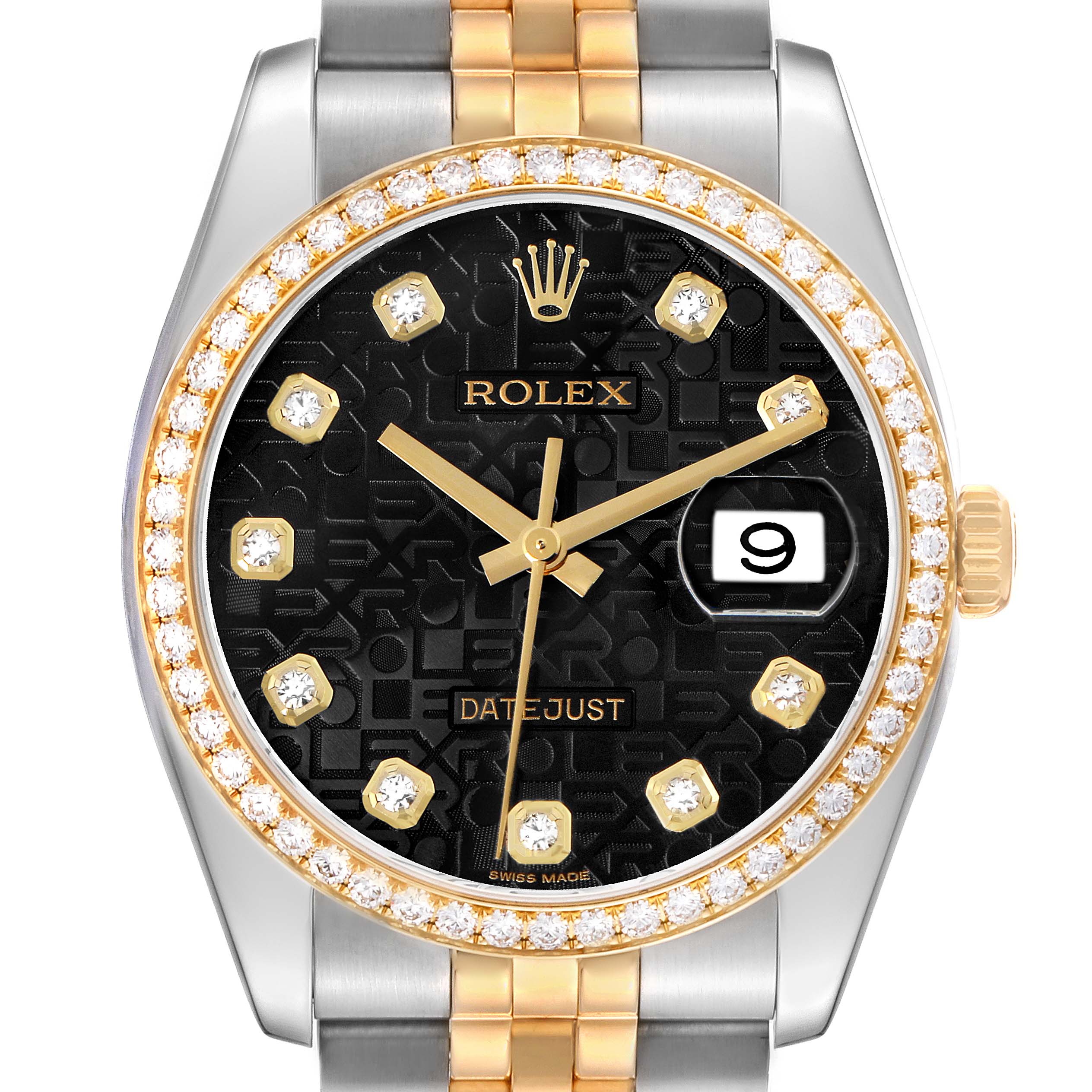 The Rolex Datejust 116243 Men's Steel and Gold (two tone) Black Dial watch is shown from a front angle, highlighting its black dial, diamond-set bezel, markers, and two-tone bracelet.