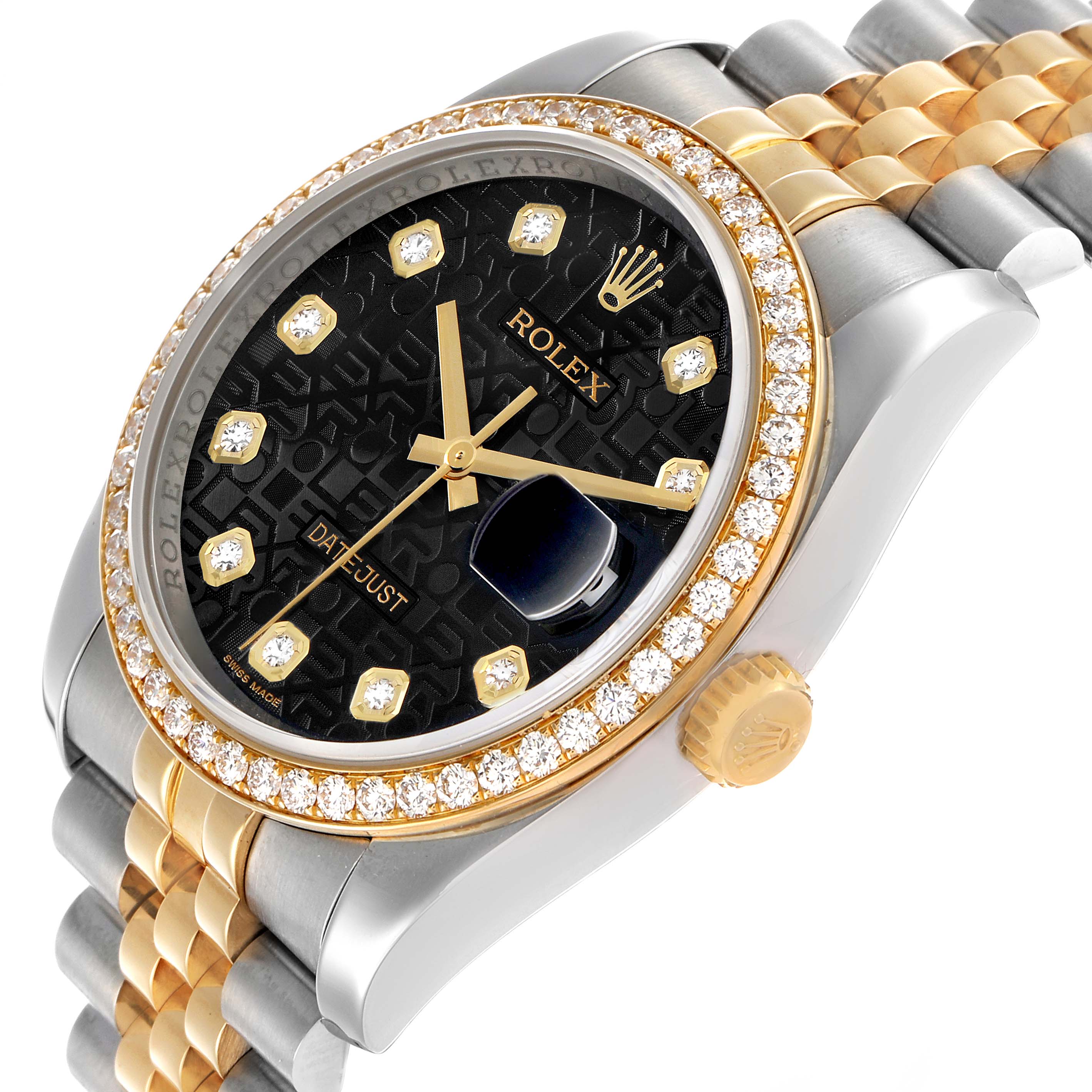 The Rolex Datejust 116243 Men's Steel and Gold (two tone) Black Dial watch is shown at an angle highlighting the bezel, crown, and partial bracelet with a diamond-studded face.