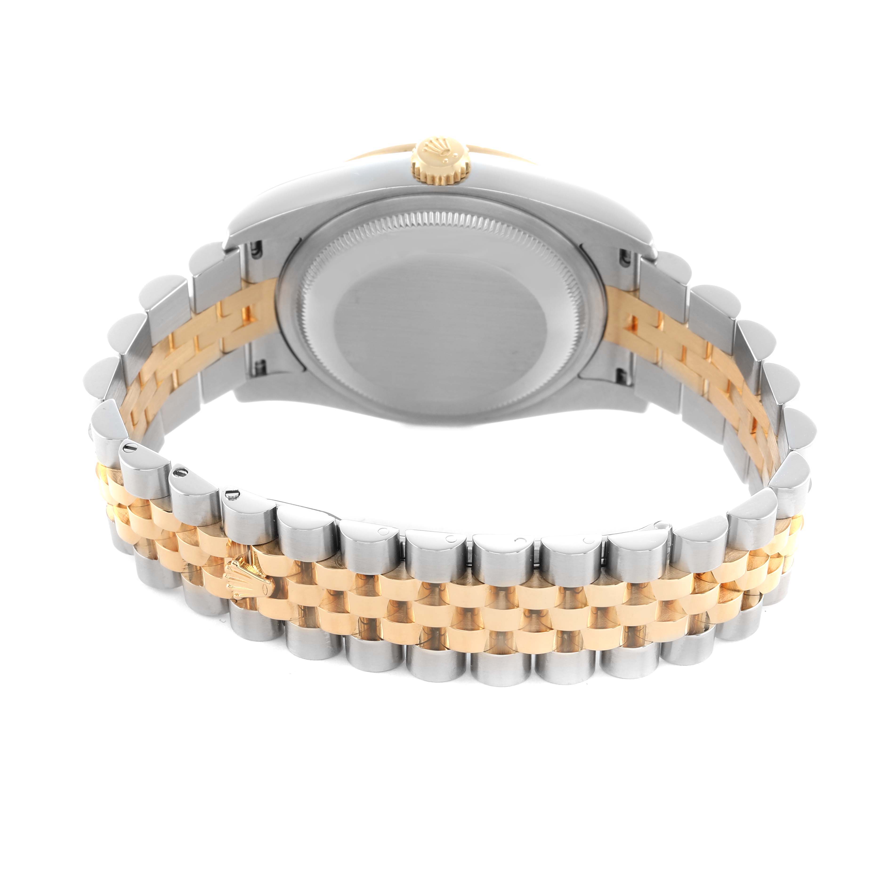 The Rolex Datejust 116243 Men's Steel and Gold (two tone) Black Dial watch is shown from the back, highlighting the two-tone bracelet and case back.