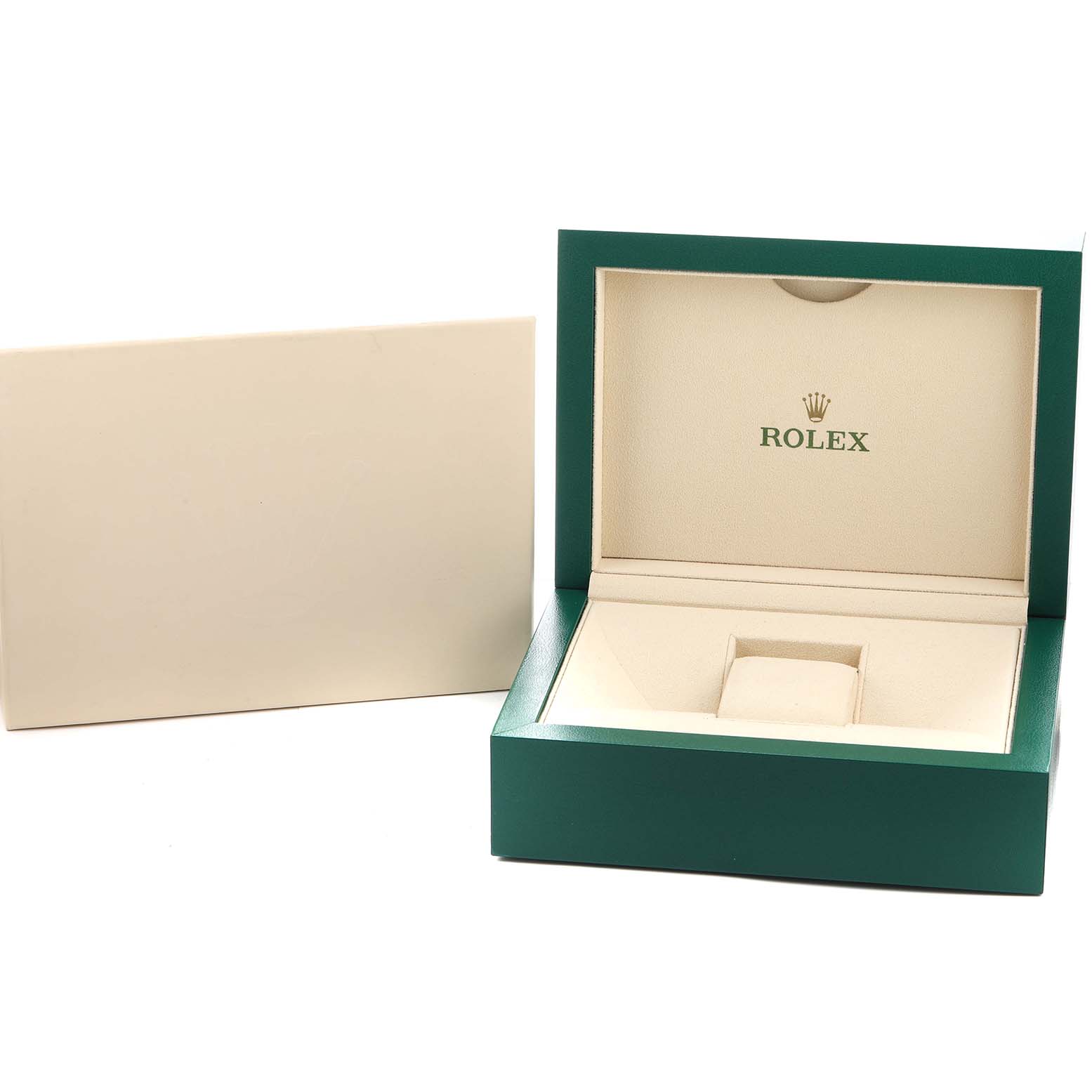 The image shows an open Rolex Datejust 116243 Men's Steel and Gold (two tone) Black Dial watch box, displaying the interior and the cover, from a front angle.