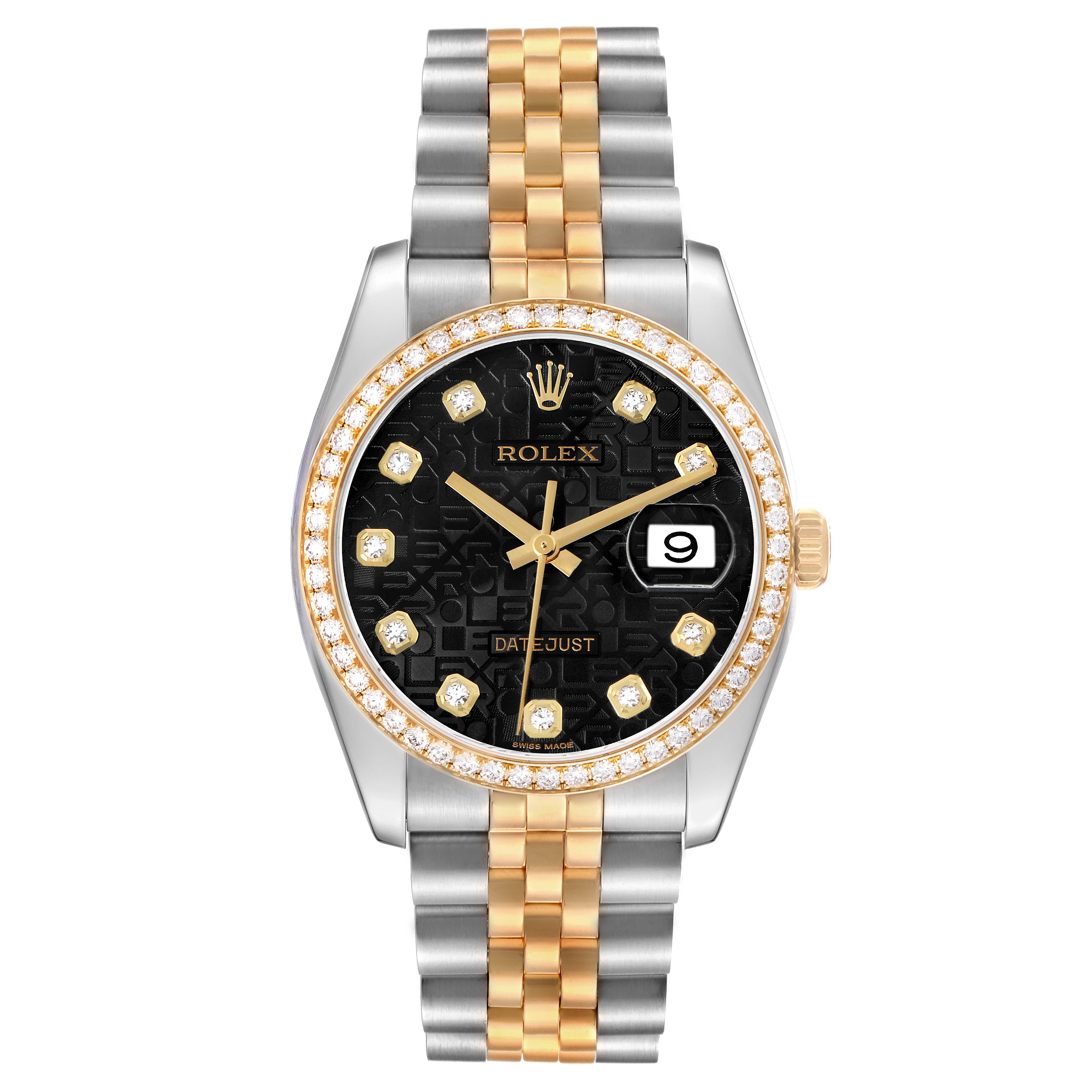 The Rolex Datejust 116243 Men's Steel and Gold (two tone) Black Dial watch is shown from a front angle, displaying its face, bracelet, and bezel clearly.