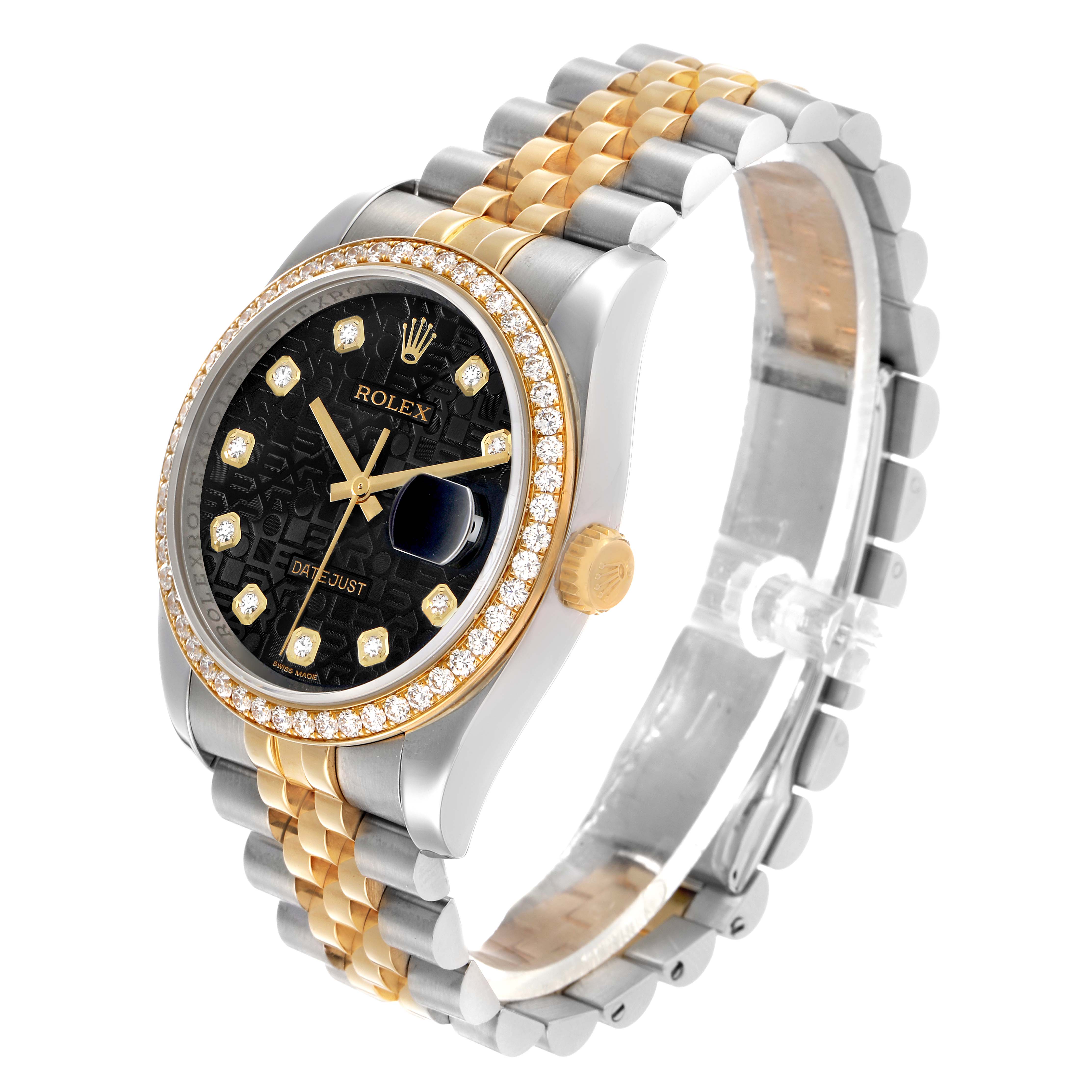 The Rolex Datejust 116243 Men's Steel and Gold (two tone) Black Dial watch is shown at a three-quarter angle, highlighting the bezel, dial, crown, and two-tone bracelet.
