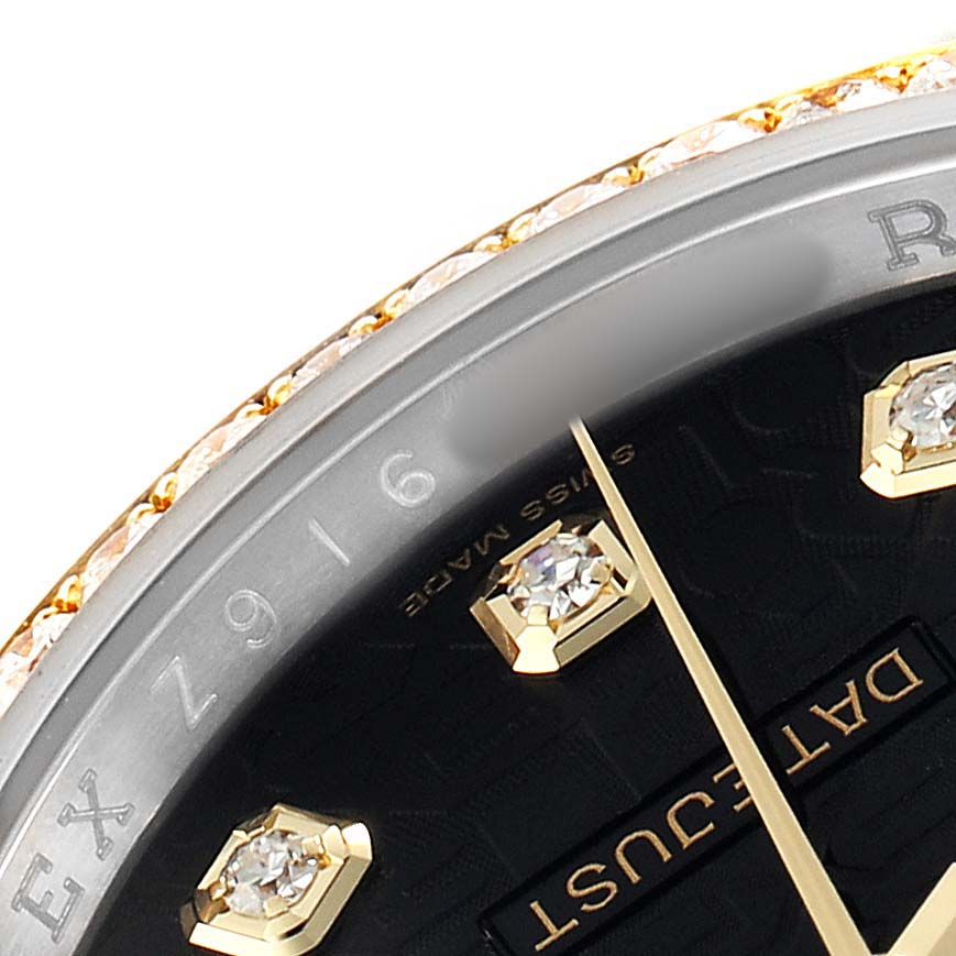 The image shows a close-up of a Rolex Datejust 116243 Men's Steel and Gold (two tone) Black Dial watch, highlighting the dial, diamond markers, bezel, and part of the branding.