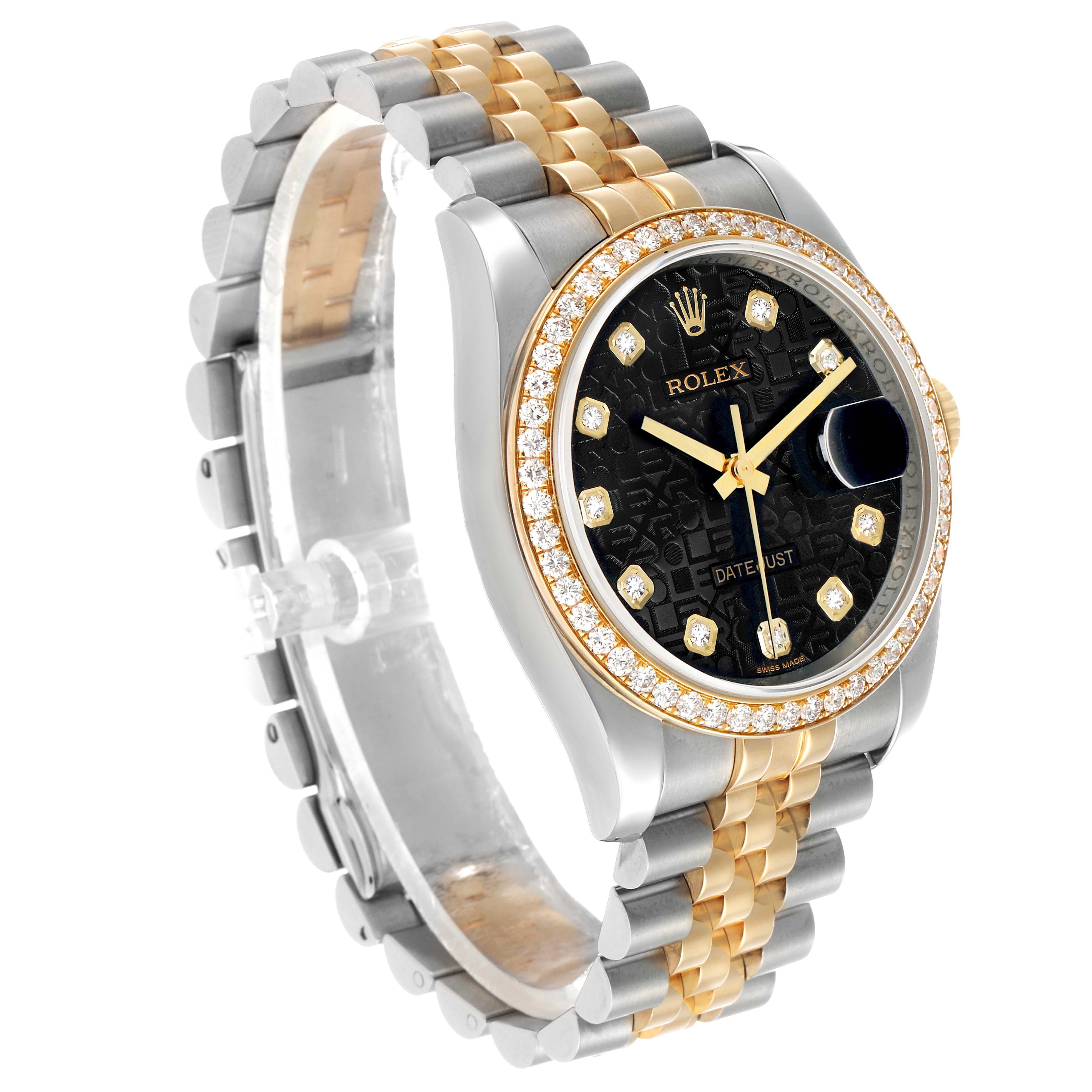 The Rolex Datejust 116243 Men's Steel and Gold (two tone) Black Dial watch is shown at a three-quarter angle, highlighting the black dial, diamond bezel, and two-tone bracelet.