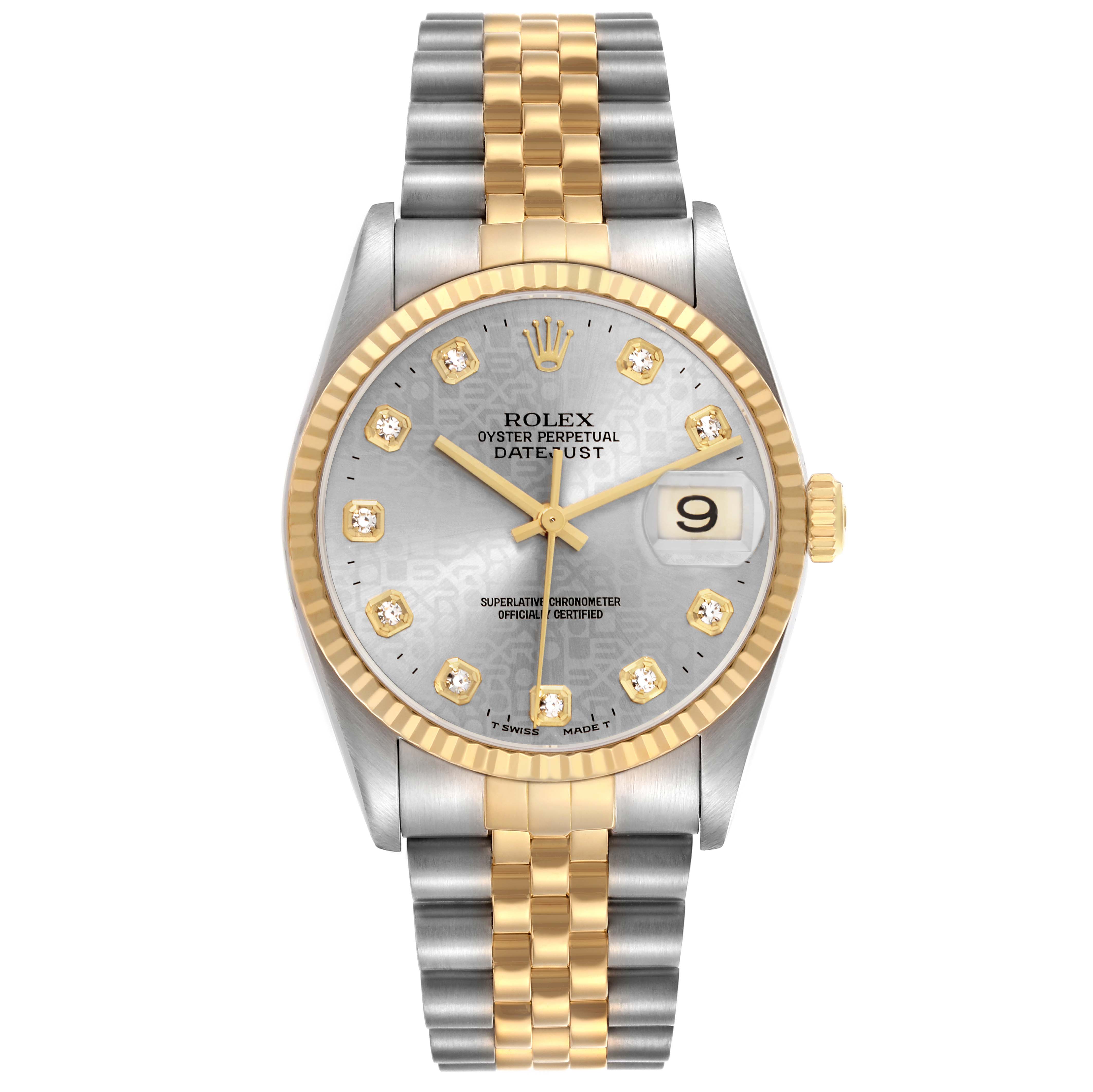 The Rolex Datejust 16233 Men's Steel and Gold (two tone) Grey Dial watch is shown front-on, highlighting the face, bezel, and two-tone bracelet.