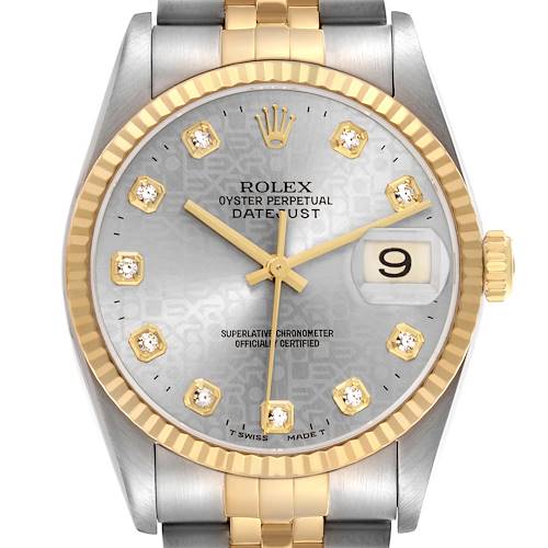 The Rolex Datejust 16233 Men's Steel and Gold (two tone) Grey Dial watch is shown from a front angle, highlighting the dial, bezel, and part of the bracelet.