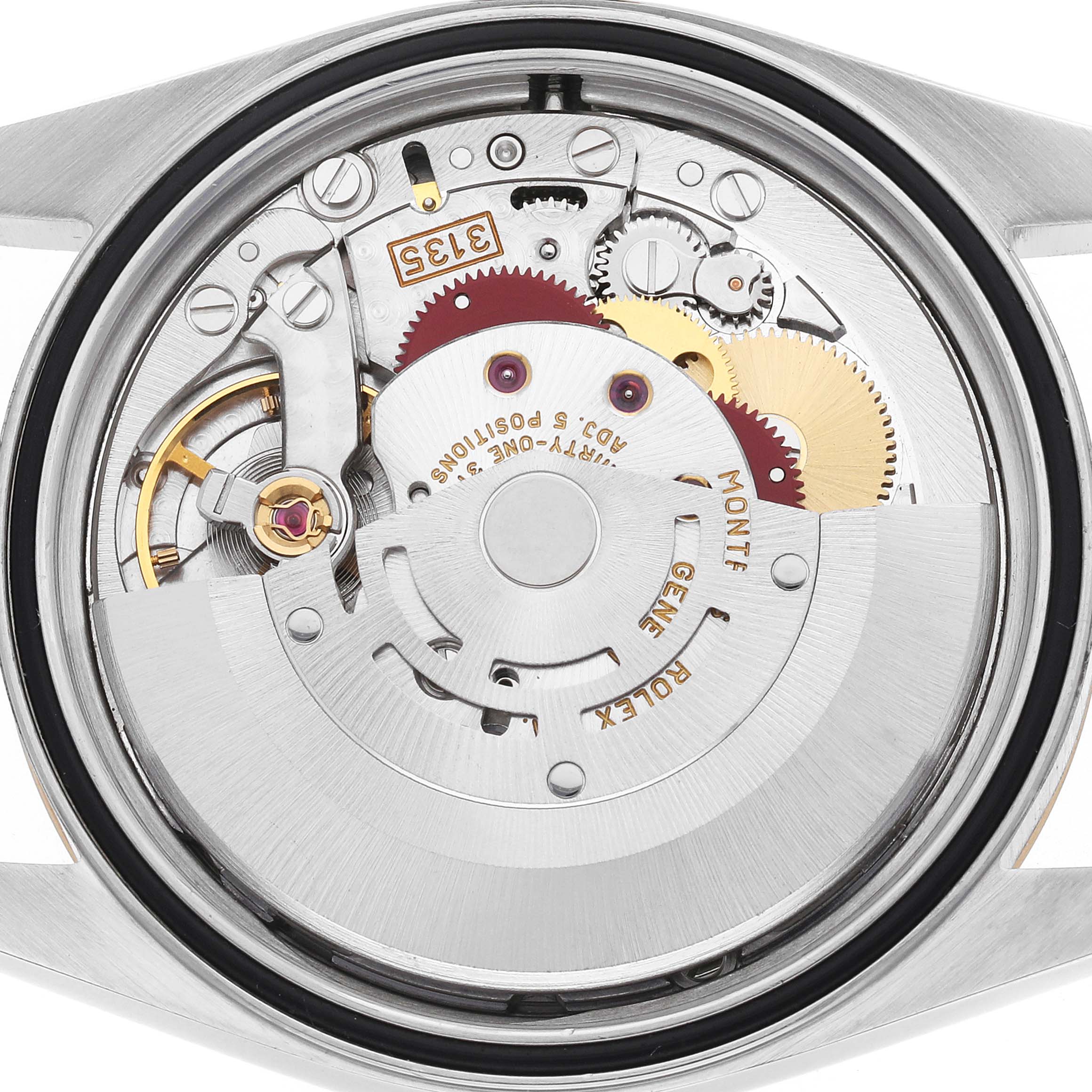 The image shows the movement of a Rolex Datejust 16233 Men's Steel and Gold (two tone) Grey Dial, viewed from the back, highlighting gears and mechanisms.