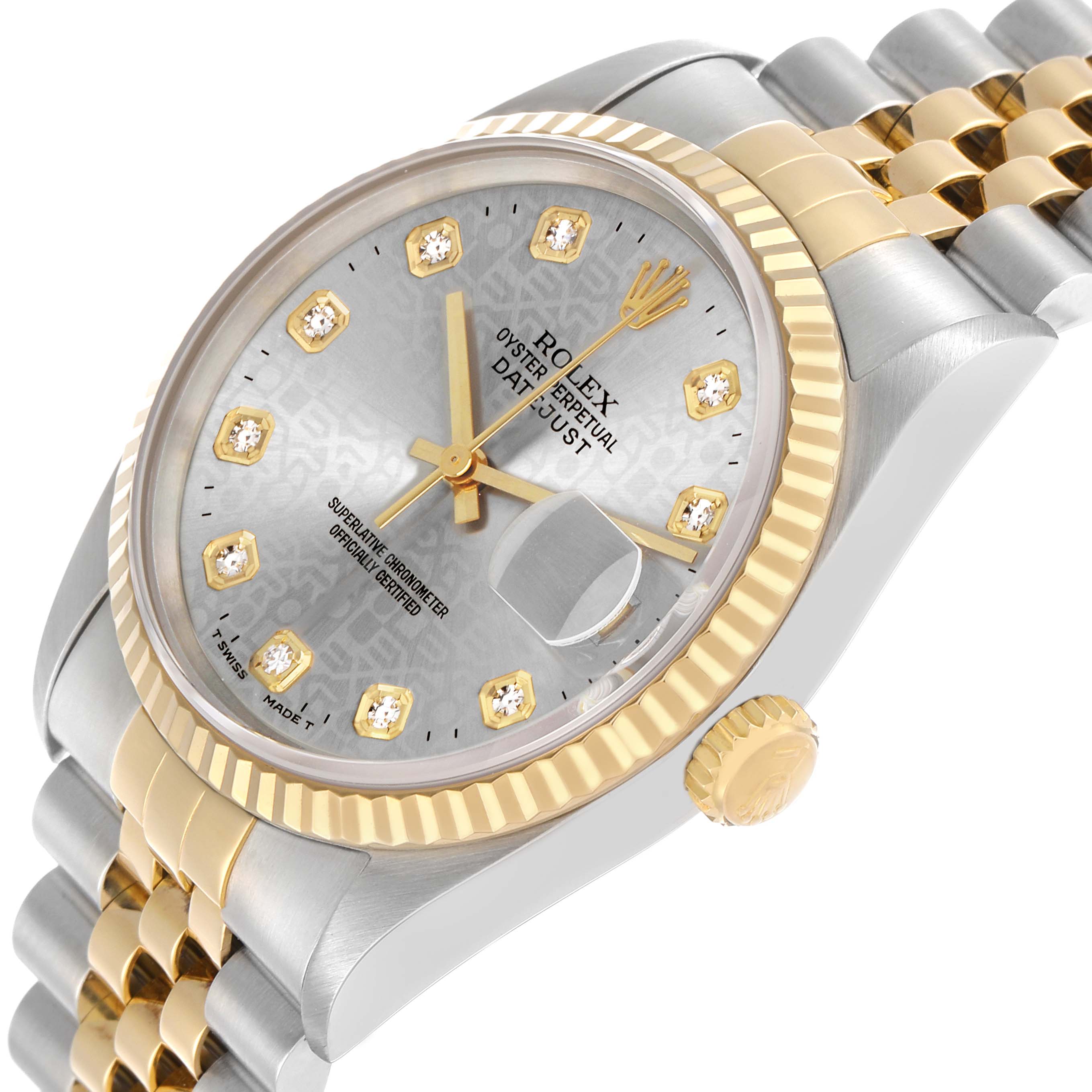The Rolex Datejust 16233 Men's Steel and Gold (two tone) Grey Dial watch is shown at an angle highlighting the dial, fluted bezel, crown, and Jubilee bracelet.