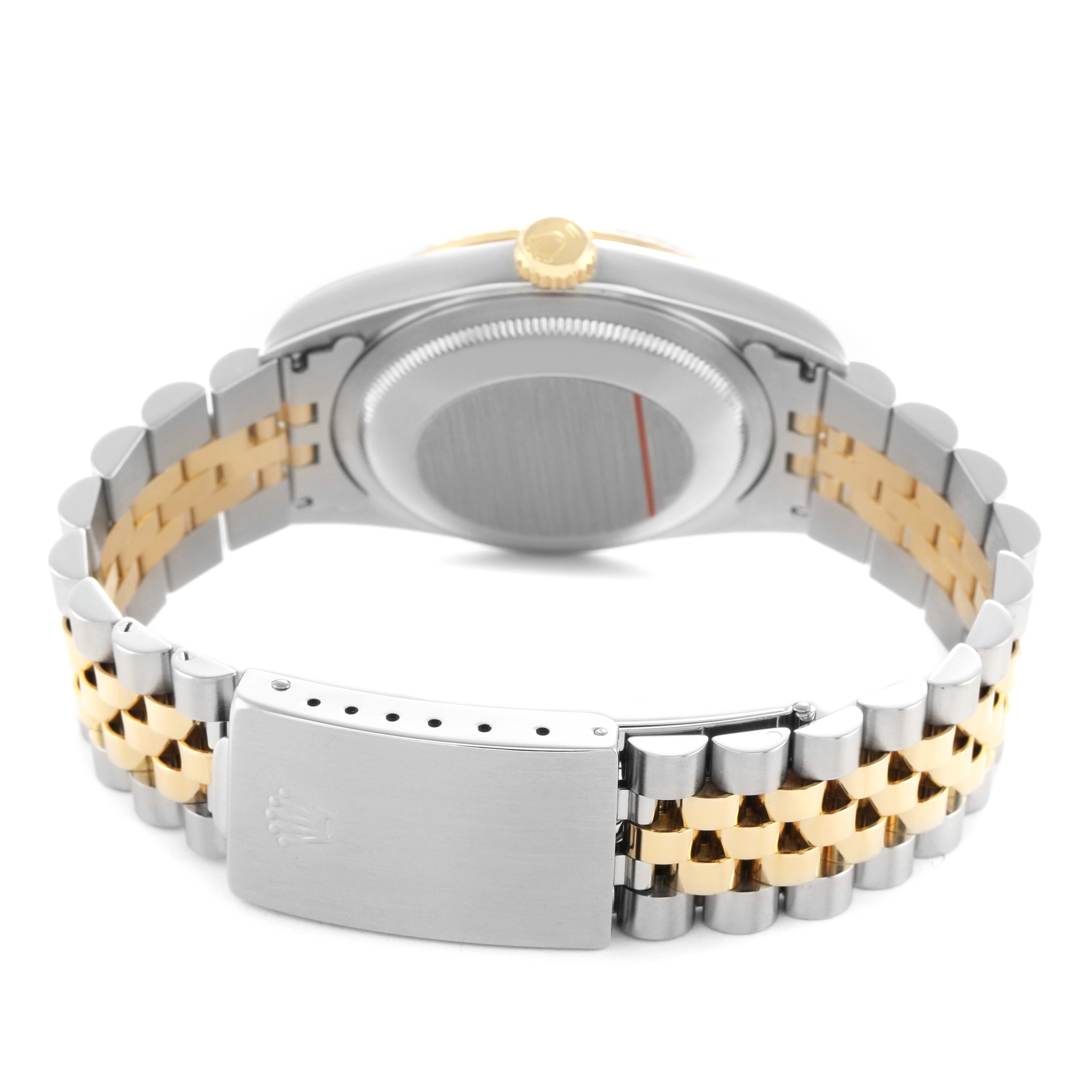The image shows the back view of a Rolex Datejust 16233 Men's Steel and Gold (two tone) Grey Dial, highlighting the two-tone bracelet and clasp.