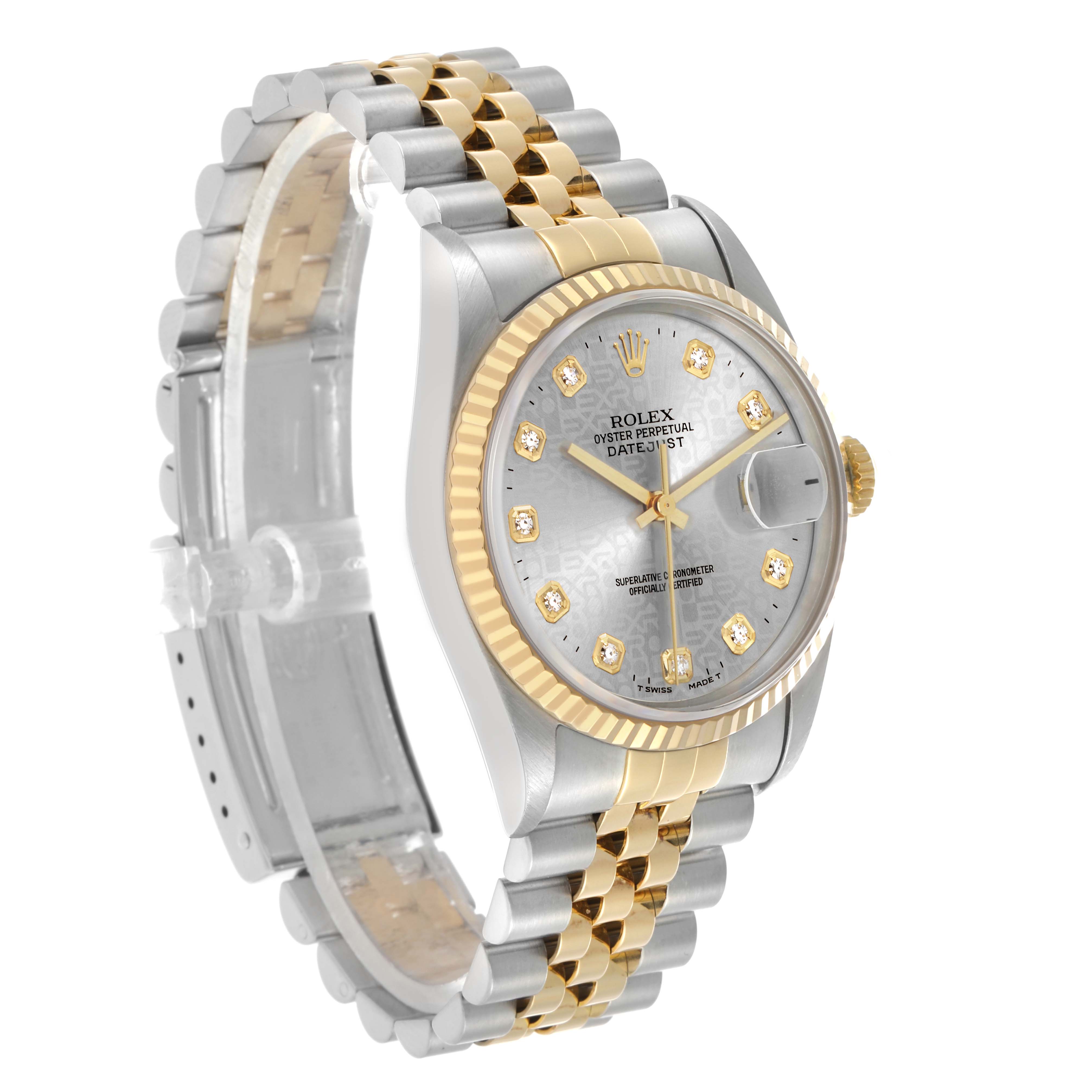 The Rolex Datejust 16233 Men's Steel and Gold (two tone) Grey Dial watch is shown at a three-quarter angle, highlighting the two-tone bracelet, fluted bezel, and silver dial.