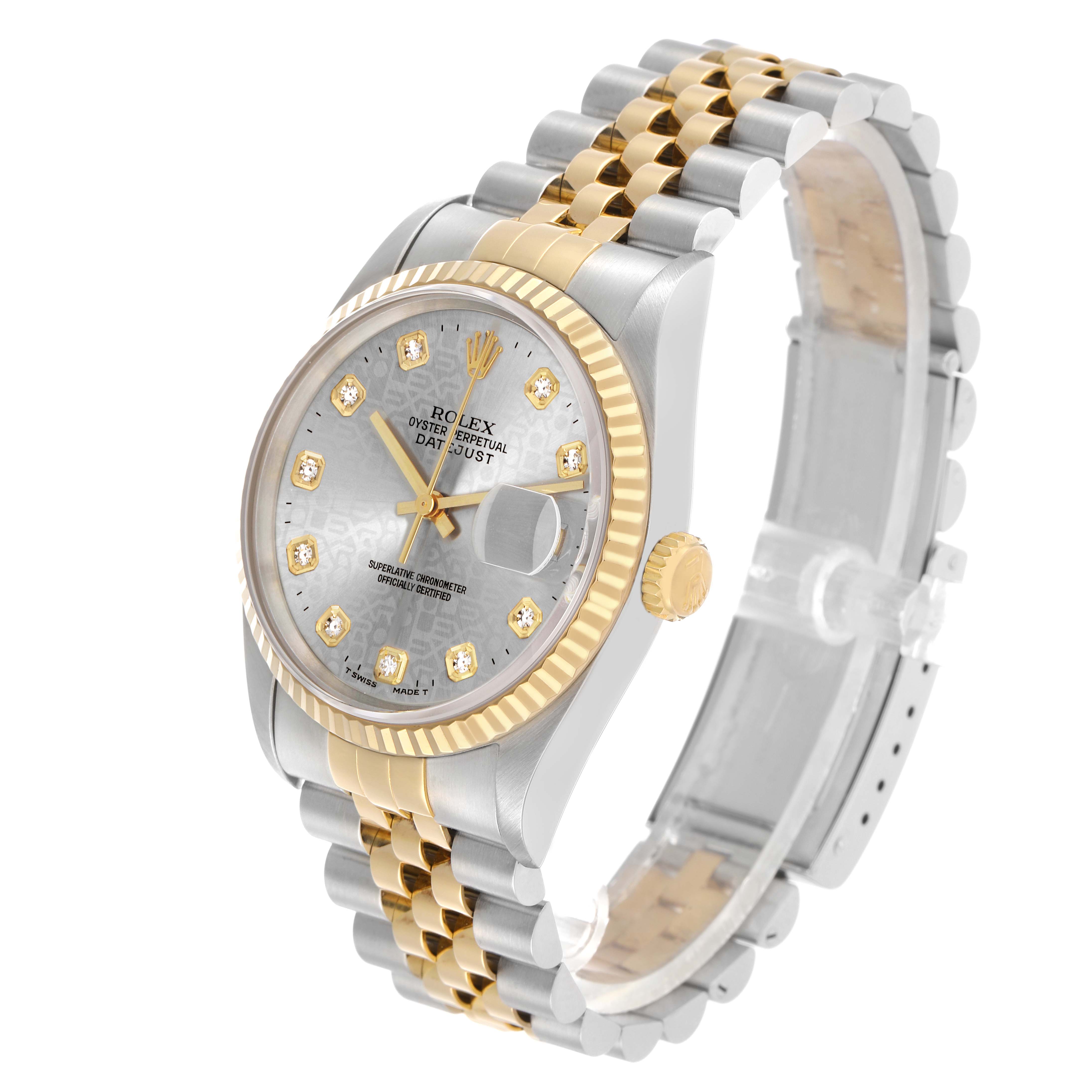 The image shows a Rolex Datejust 16233 Men's Steel and Gold (two tone) Grey Dial watch at a three-quarter angle, highlighting the dial, bezel, crown, and Jubilee bracelet.
