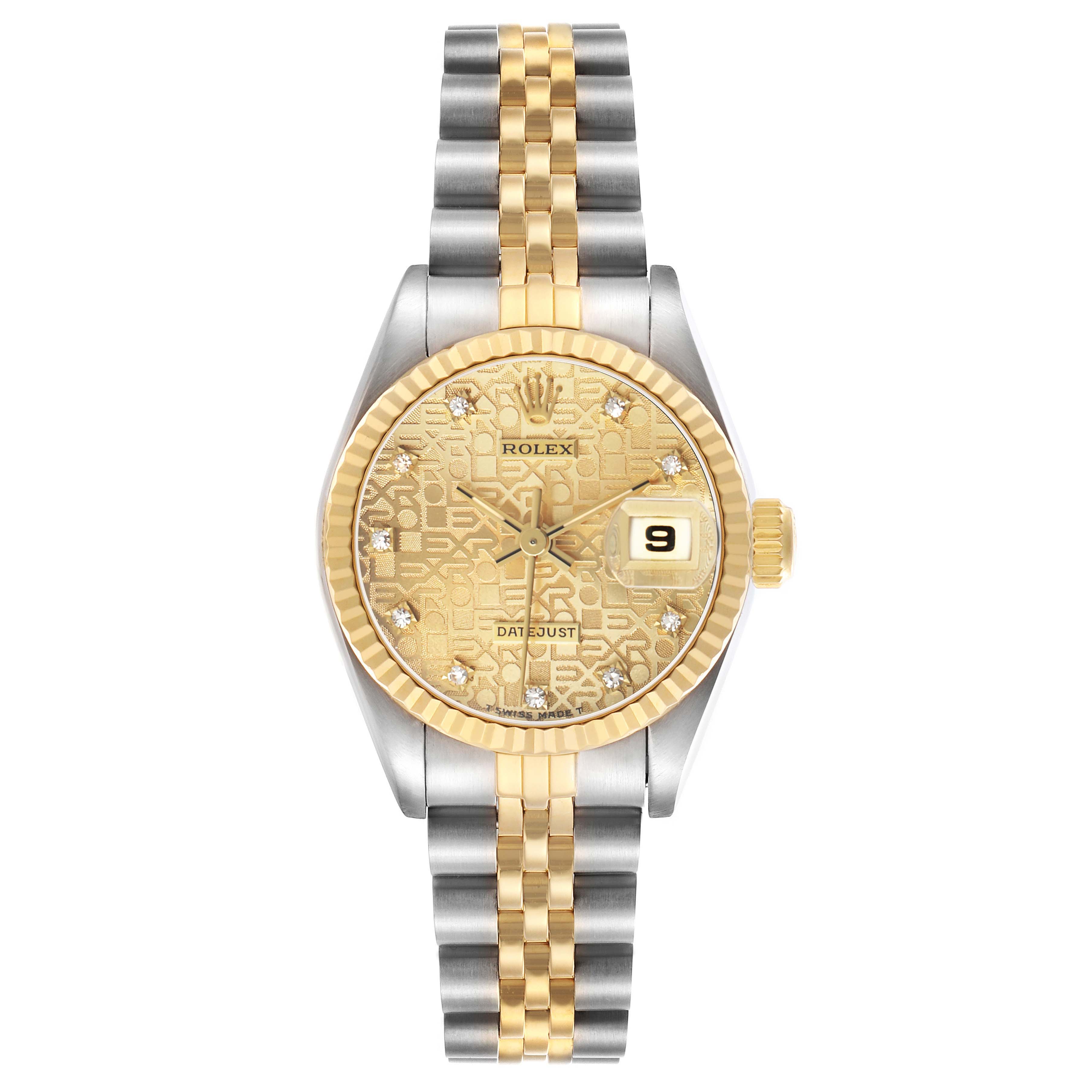 The Rolex Datejust 69173 Women's Steel and Gold (two tone) Champagne Dial watch is shown from a front angle, displaying the dial, bezel, bracelet, and date window.