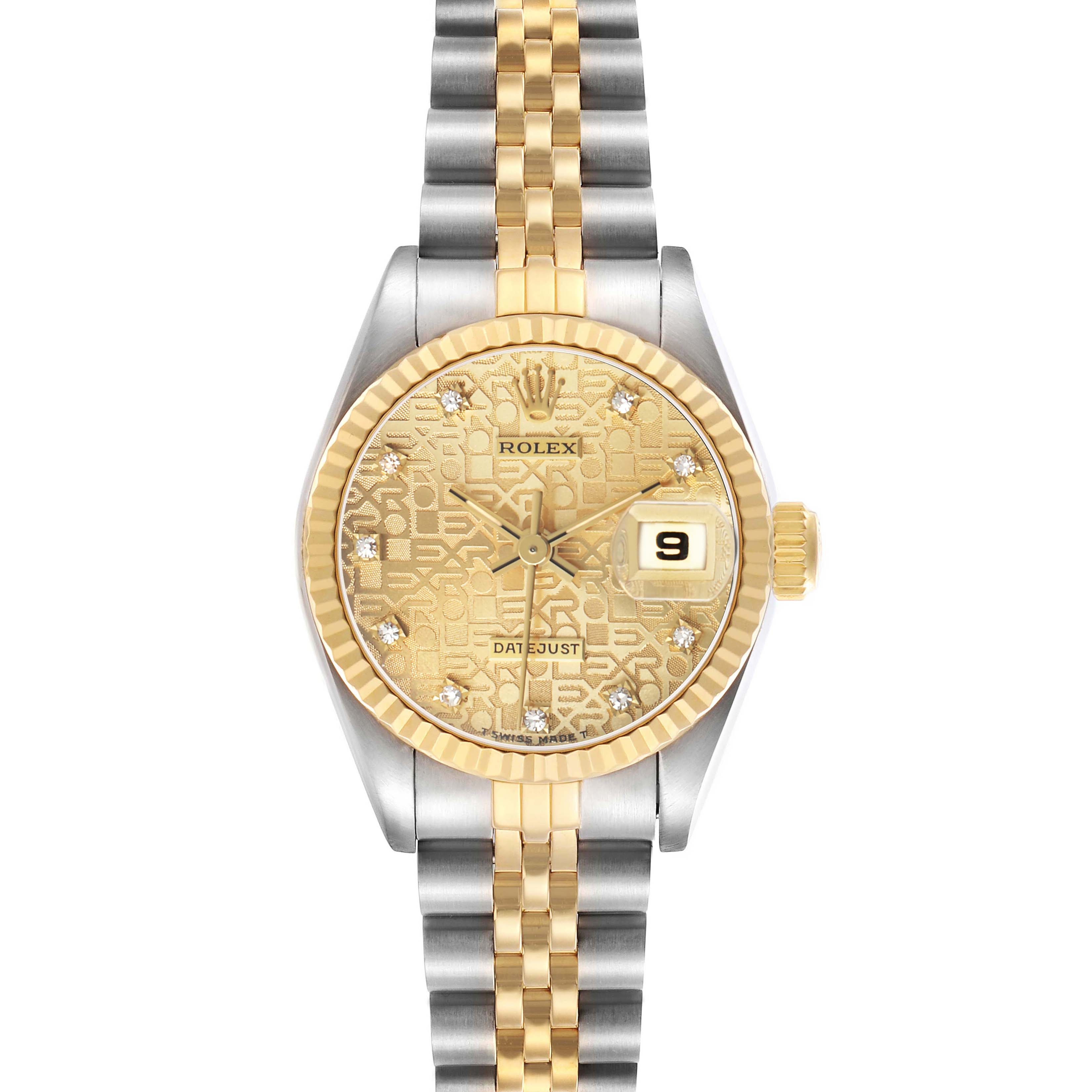 The Rolex Datejust 69173 Women's Steel and Gold (two tone) Champagne Dial watch is shown from the front, highlighting the gold dial, bezel, and two-tone bracelet.