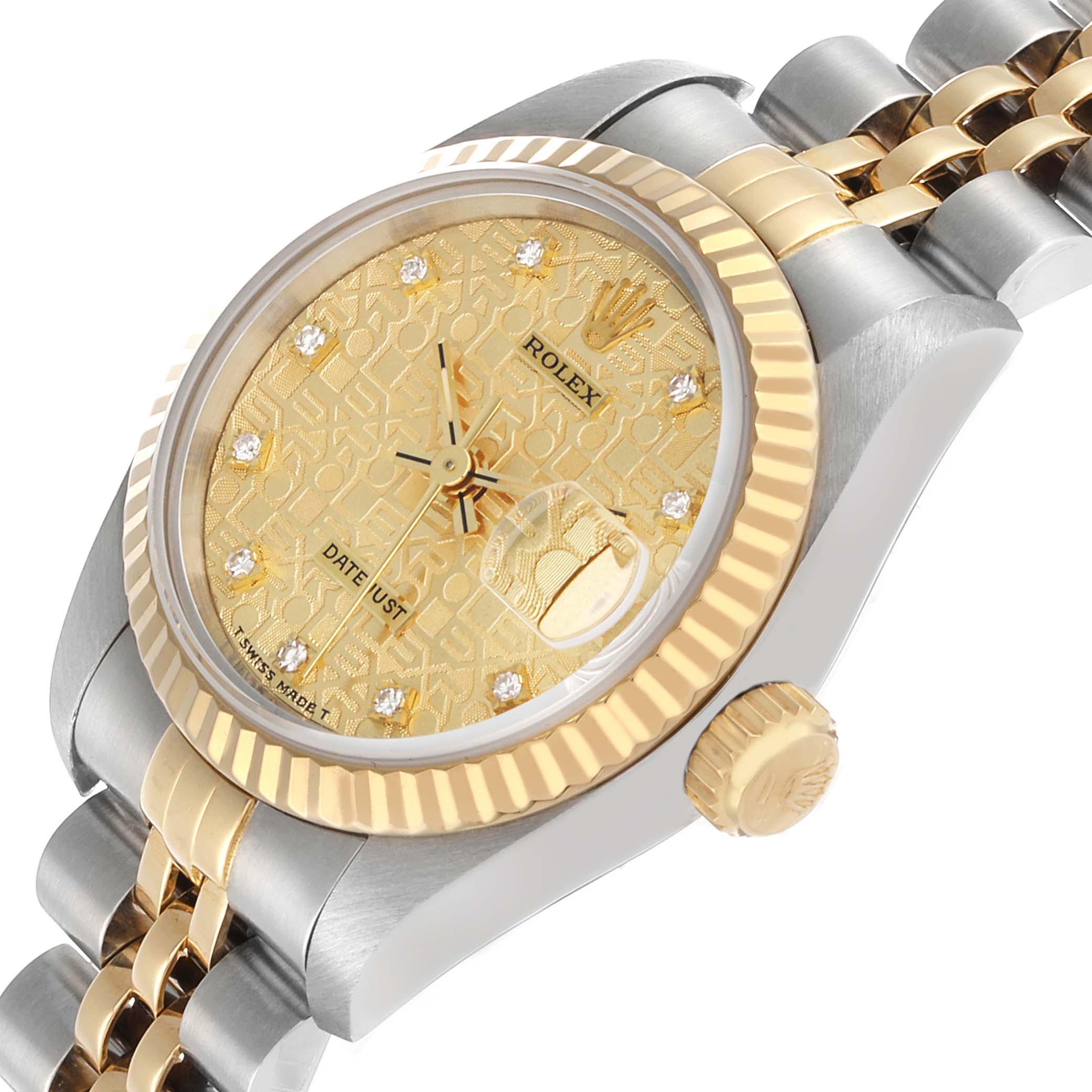 The Rolex Datejust 69173 Women's Steel and Gold (two tone) Champagne Dial watch is shown at an angled view, highlighting the dial, fluted bezel, and bracelet.