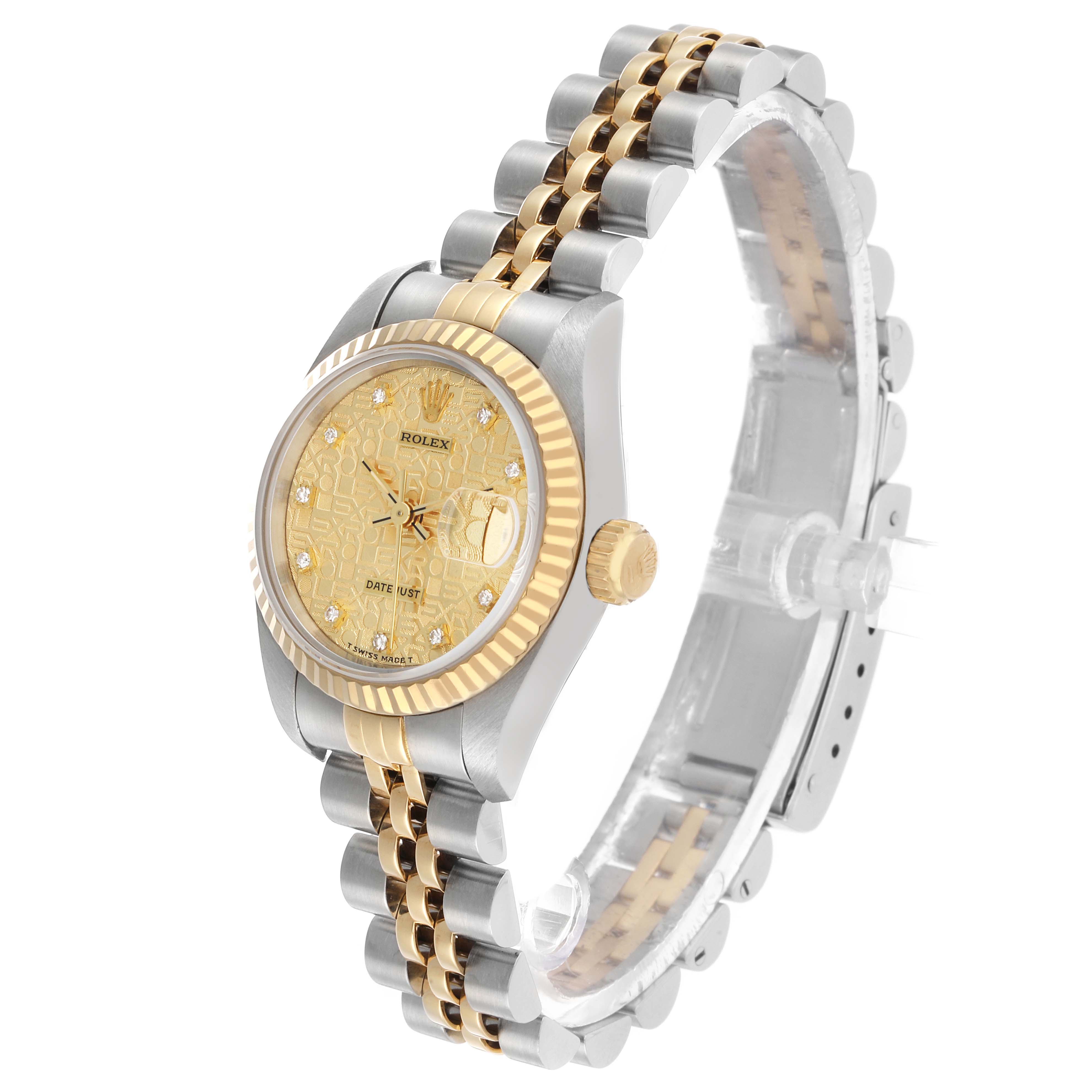 The Rolex Datejust 69173 Women's Steel and Gold (two tone) Champagne Dial watch is shown at a three-quarter angle, highlighting its dial, bezel, crown, and jubilee bracelet.