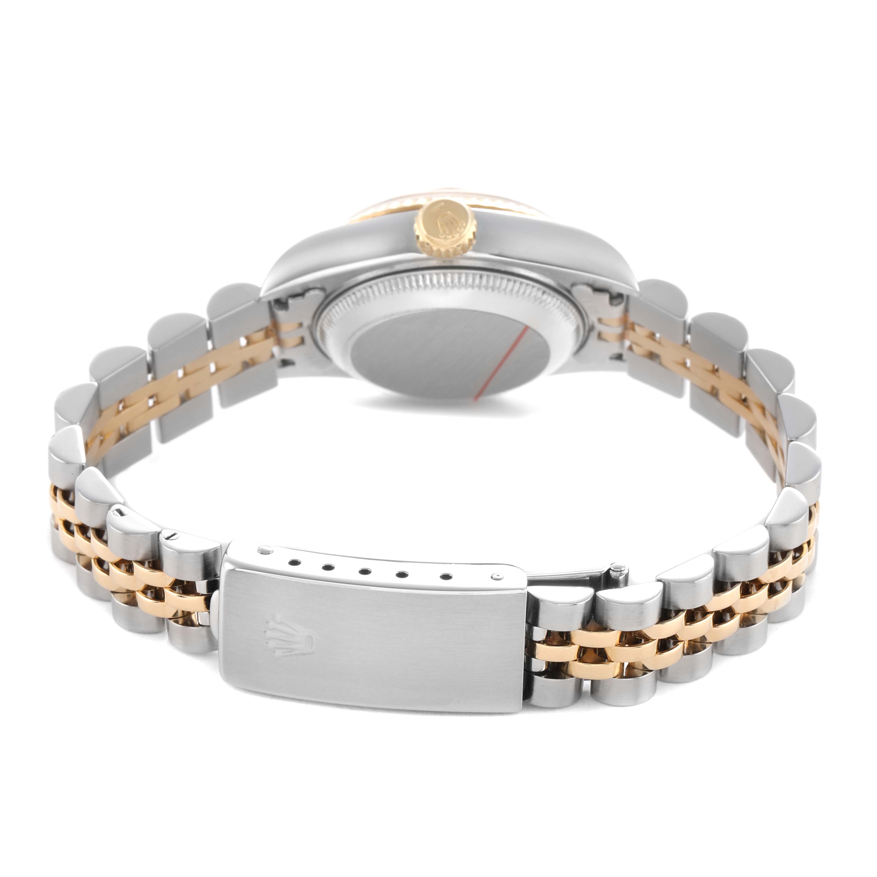 The image shows the back view of a Rolex Datejust 69173 Women's Steel and Gold (two tone) Champagne Dial watch, highlighting the clasp, bracelet, and crown.
