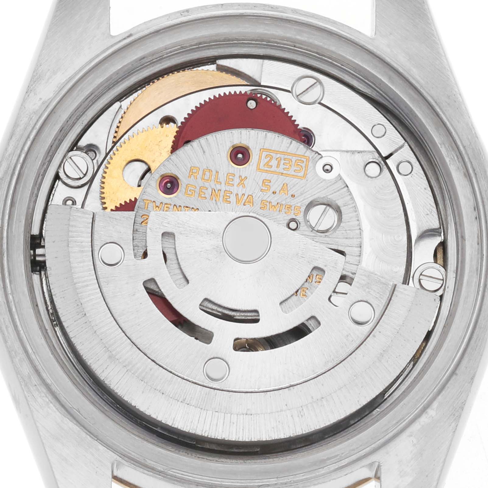 The image shows the movement of a Rolex Datejust 69173 Women's Steel and Gold (two tone) Champagne Dial watch from the back, highlighting gears and the rotor.