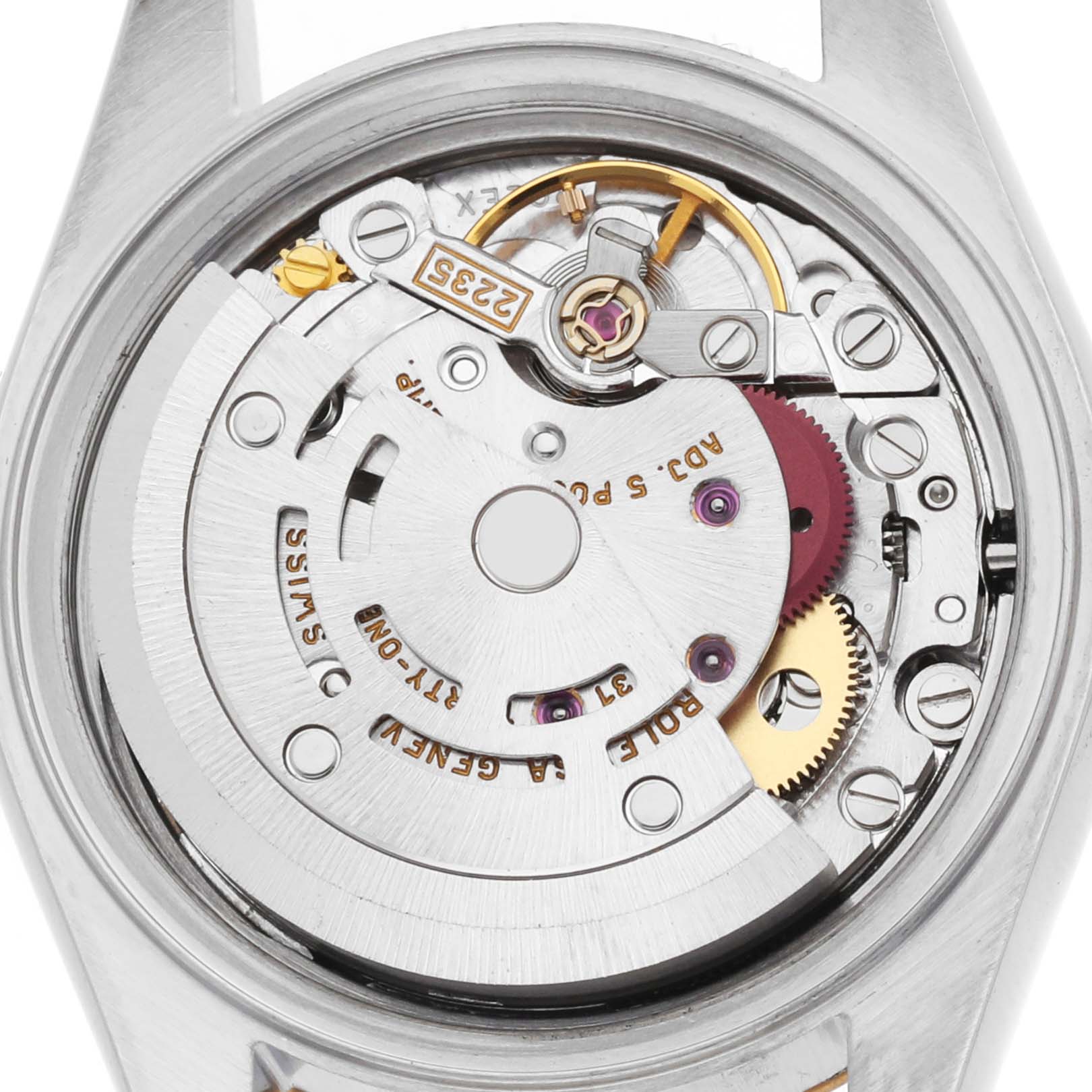 The image shows the movement and rotor mechanism of a Rolex Datejust 79173 Women's Steel and Gold (two tone) Silver Dial watch from a top-down angle.