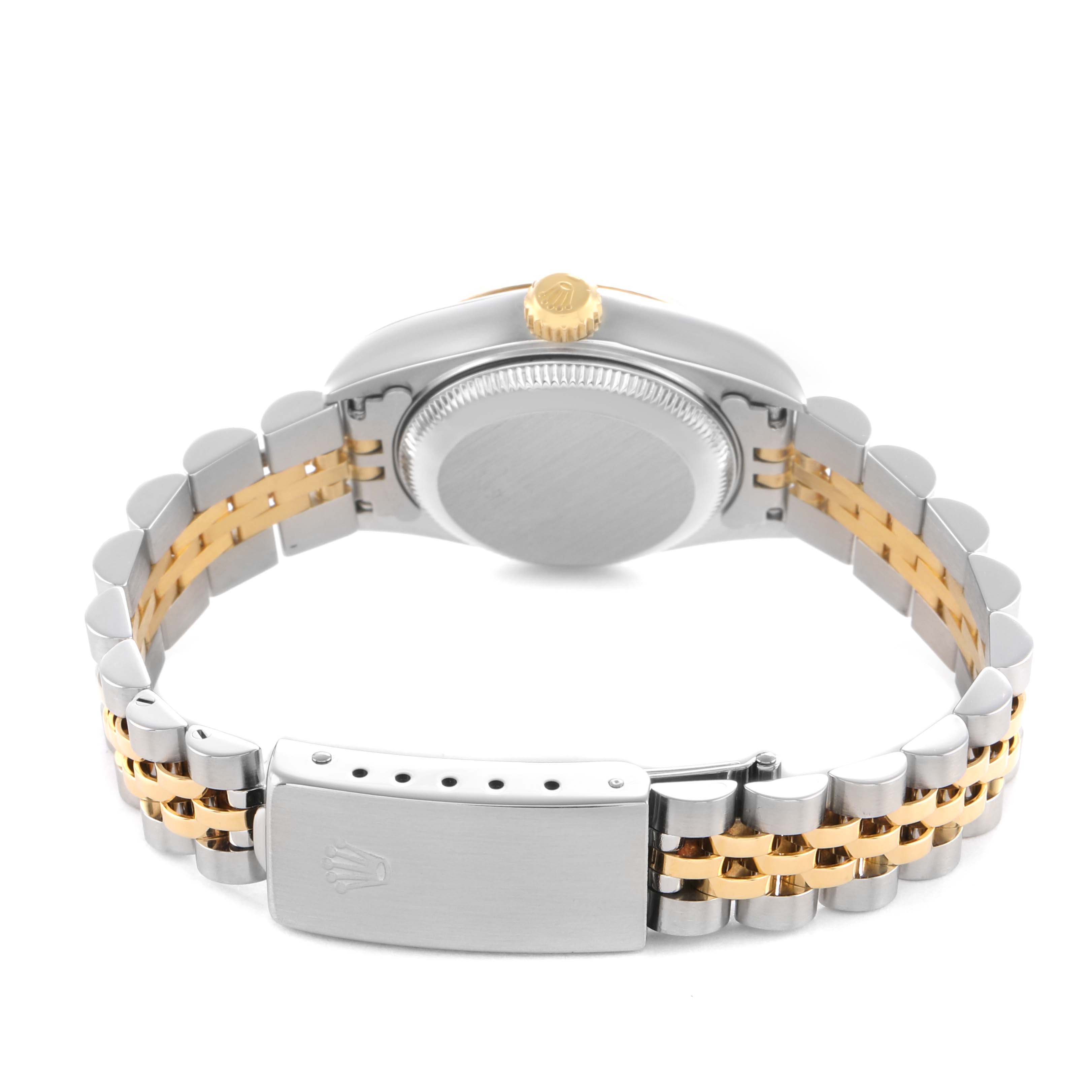 The image shows the back view of a Rolex Datejust 79173 Women's Steel and Gold (two tone) Silver Dial watch, highlighting the case back, crown, and two-tone bracelet.
