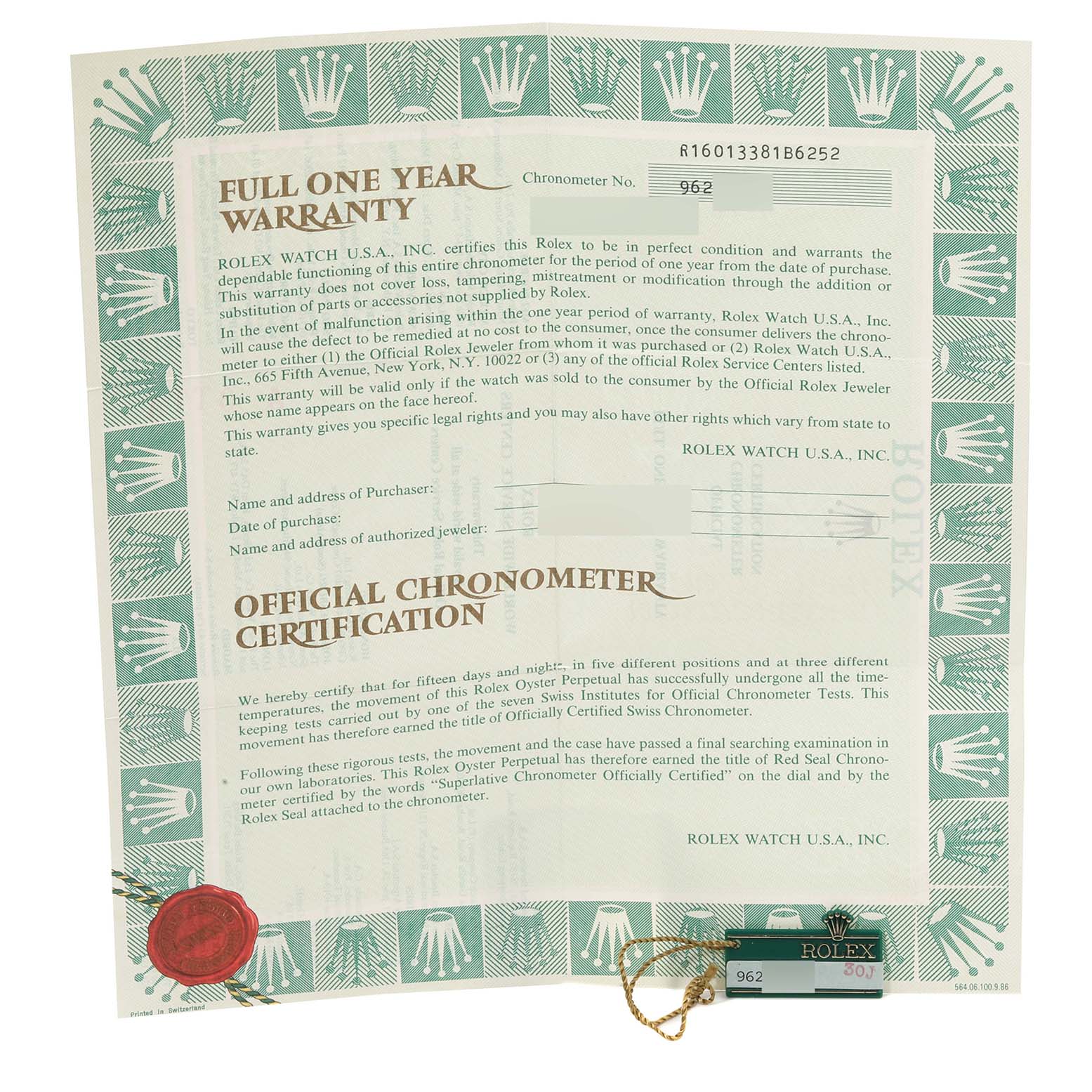 This image shows the warranty and official chronometer certification document for the Rolex Vintage Collection 16013 Men's Steel and Gold (two tone) Blue Dial 16013 Men's Steel and Gold (two tone) Blue Dial model.