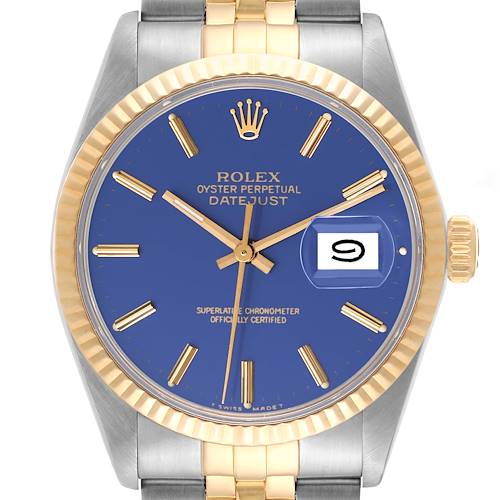 Photo of Rolex Datejust Steel Yellow Gold Blue Dial Vintage Mens Watch 16013 Box Papers