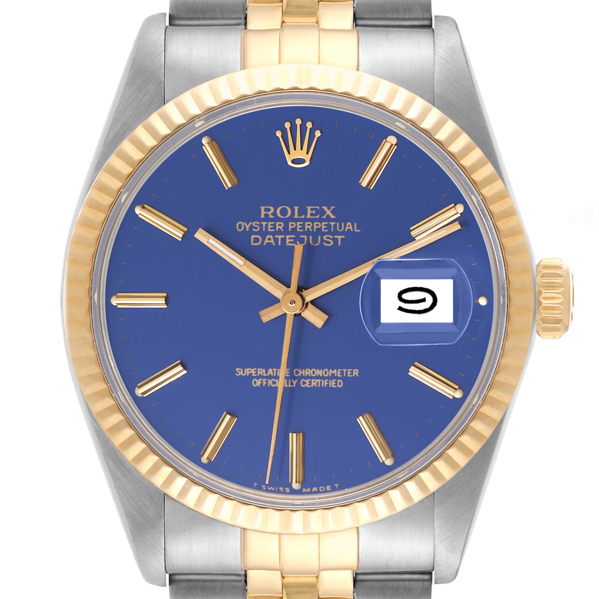 This is a front view of the Rolex Vintage Collection 16013 Men's Steel and Gold (two tone) Blue Dial 16013 Men's Steel and Gold (two tone) Blue Dial model, showcasing the dial, bezel, hands, and part of the strap.