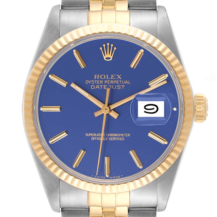 Rolex Datejust Steel Yellow Gold Blue Dial Vintage Mens Watch 16013 Box Papers SwissWatchExpo