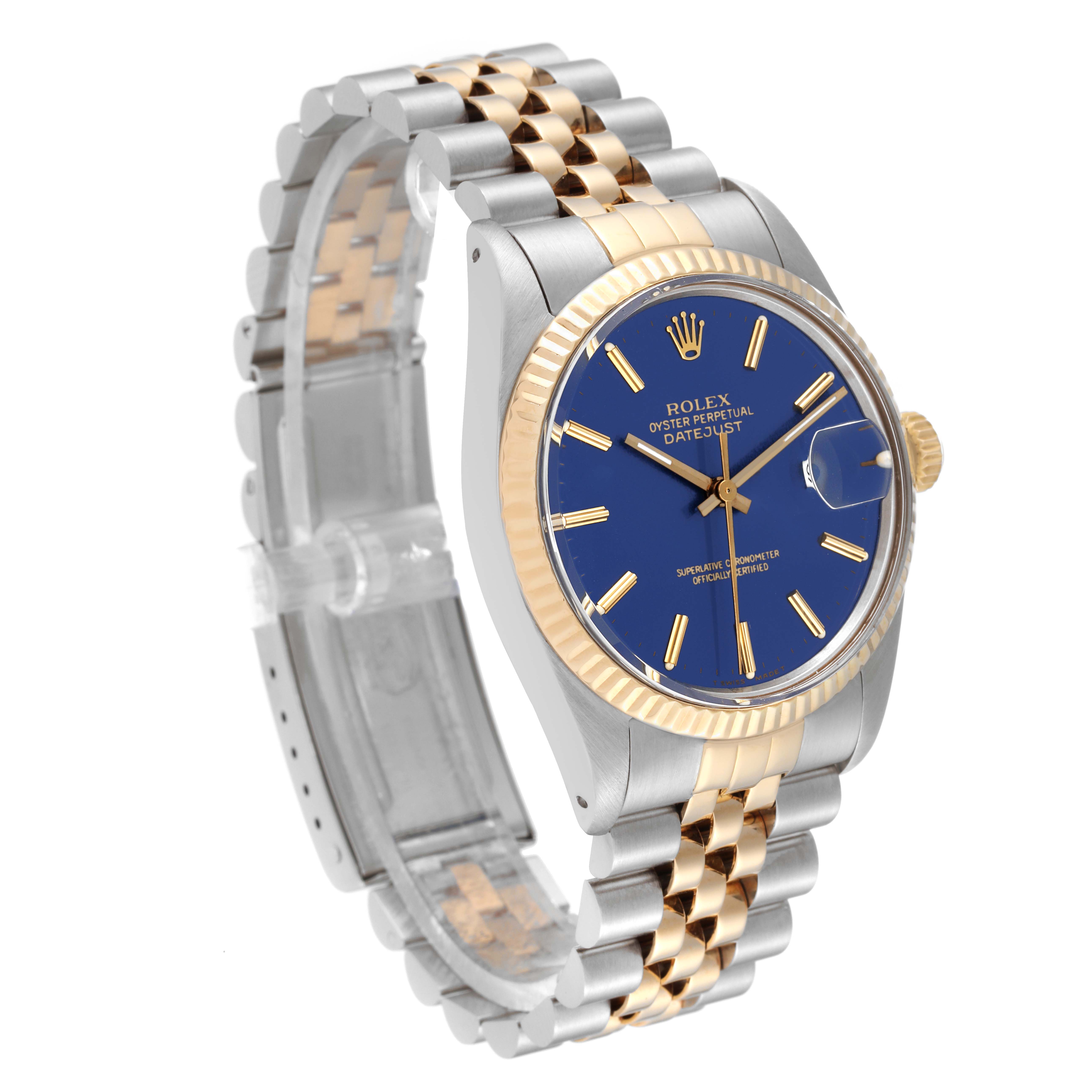 The Rolex Vintage Collection 16013 Men's Steel and Gold (two tone) Blue Dial 16013 Men's Steel and Gold (two tone) Blue Dial watch is shown at a three-quarter angle, displaying its blue dial, gold bezel, and two-tone bracelet.