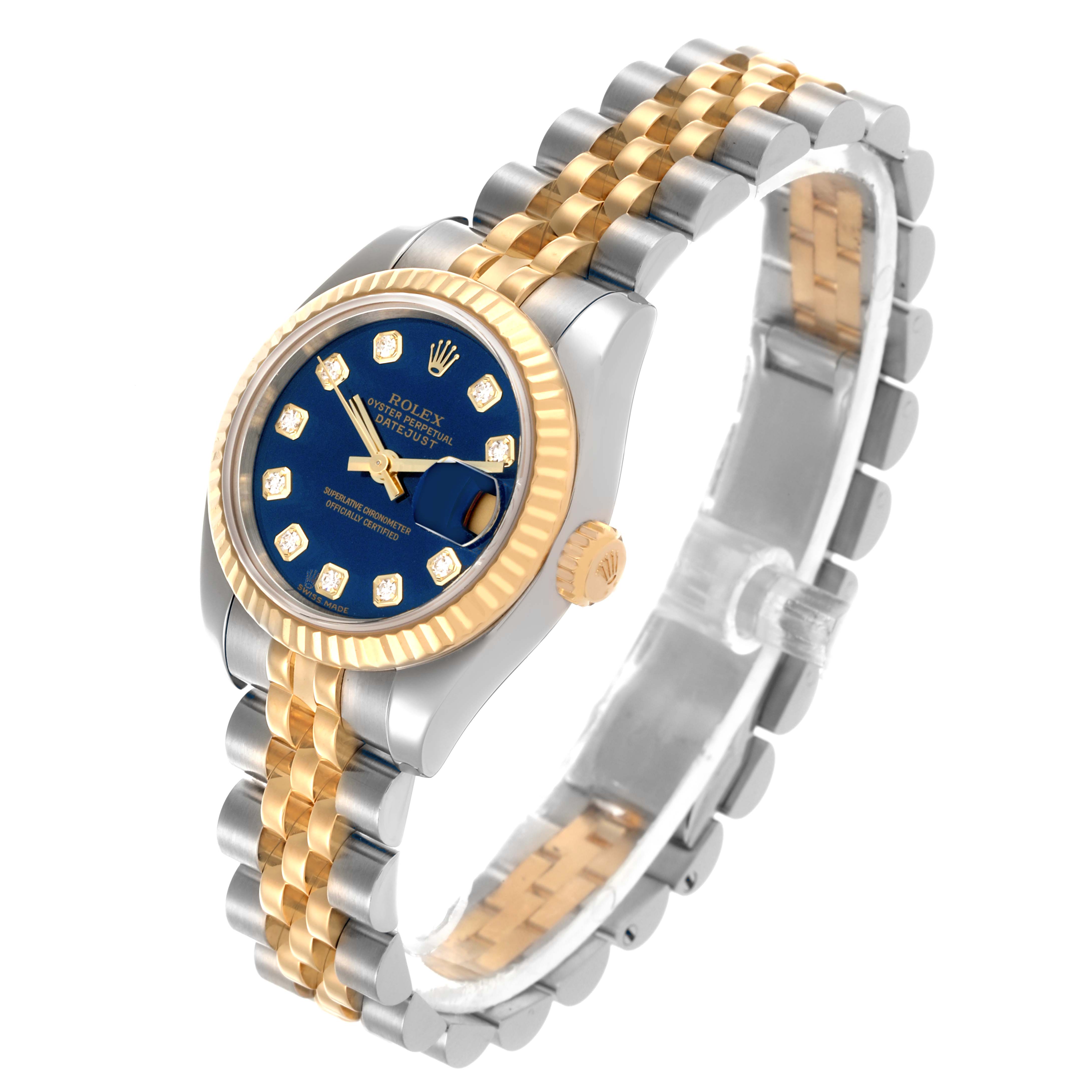 The Rolex Datejust 179173 Women's Steel and Gold (two tone) Blue Dial 179173 Women's Steel and Gold (two tone) Blue Dial watch is shown at an oblique angle, highlighting the face, bezel, and bracelet details.