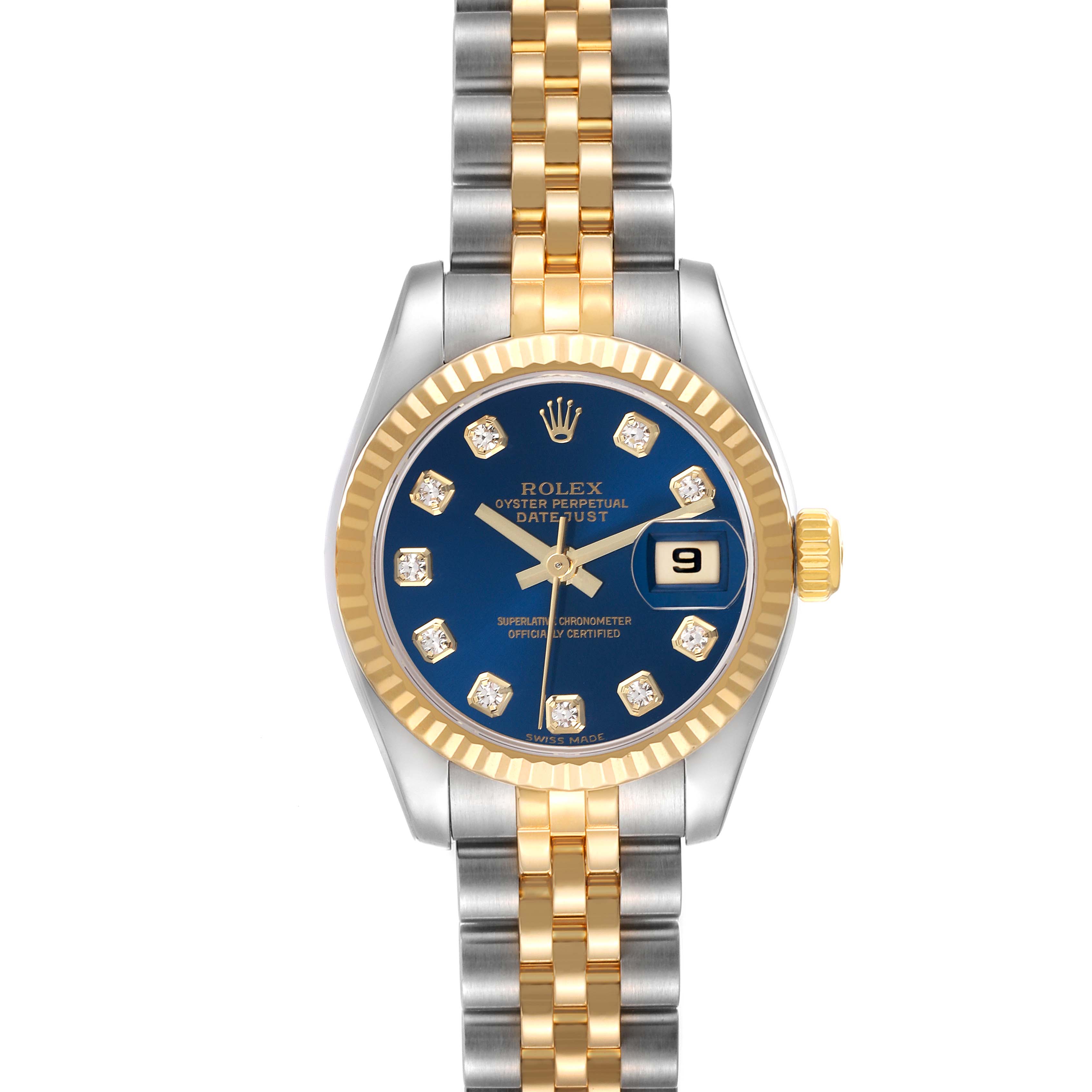 The Rolex Datejust 179173 Women's Steel and Gold (two tone) Blue Dial 179173 Women's Steel and Gold (two tone) Blue Dial watch is shown from a front angle, highlighting the bezel, dial, and two-tone bracelet.