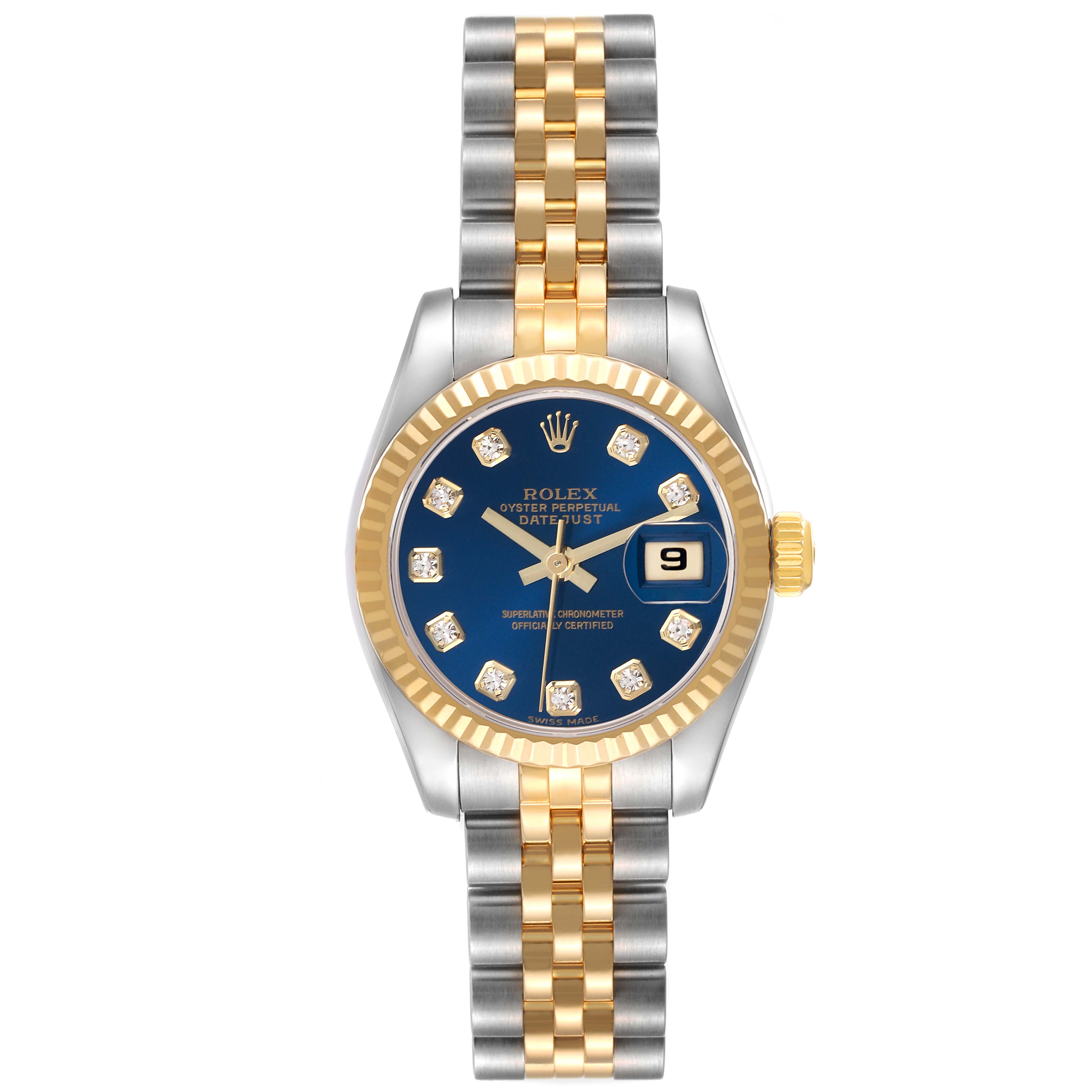 The Rolex Datejust 179173 Women's Steel and Gold (two tone) Blue Dial 179173 Women's Steel and Gold (two tone) Blue Dial watch is shown from the front, displaying its blue dial, gold bezel, and two-tone bracelet.