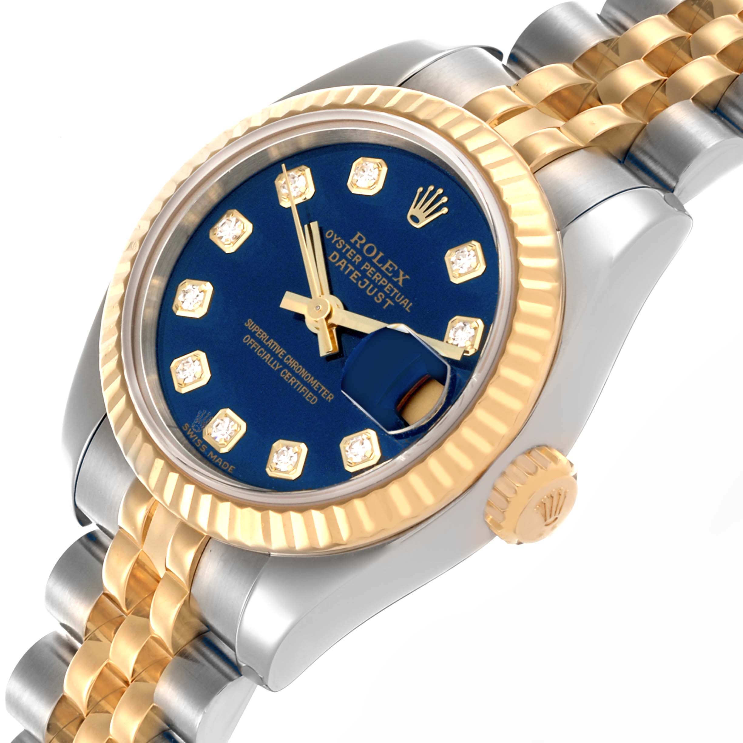 The Rolex Datejust 179173 Women's Steel and Gold (two tone) Blue Dial 179173 Women's Steel and Gold (two tone) Blue Dial watch is shown at an angled close-up, highlighting the dial, bezel, crown, and part of the bracelet.