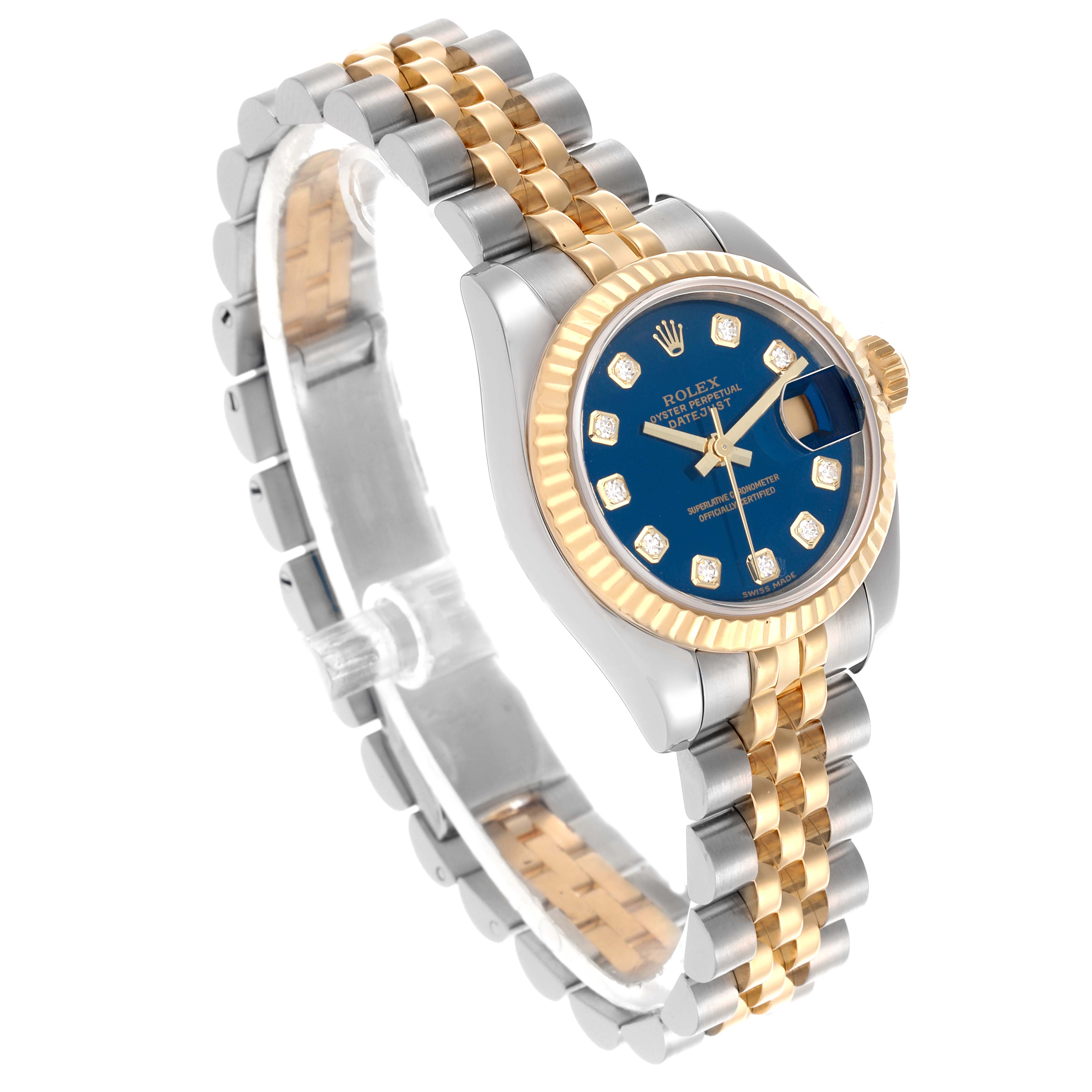 The Rolex Datejust 179173 Women's Steel and Gold (two tone) Blue Dial 179173 Women's Steel and Gold (two tone) Blue Dial is shown at an angled view, highlighting the face, bezel, and bracelet.