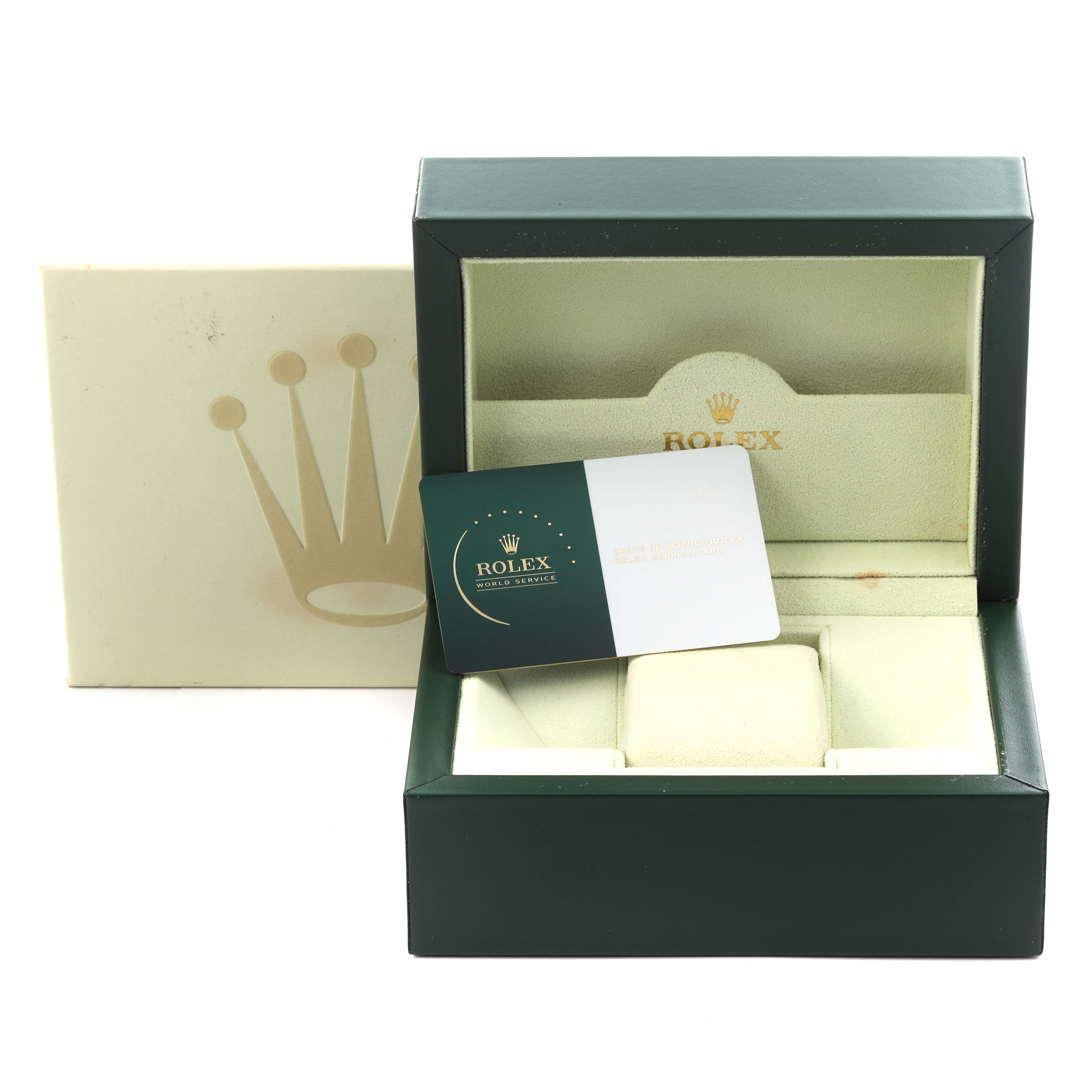 The image shows an open Rolex Datejust 179173 Women's Steel and Gold (two tone) Blue Dial 179173 Women's Steel and Gold (two tone) Blue Dial watch box with an authenticity card and outer box.