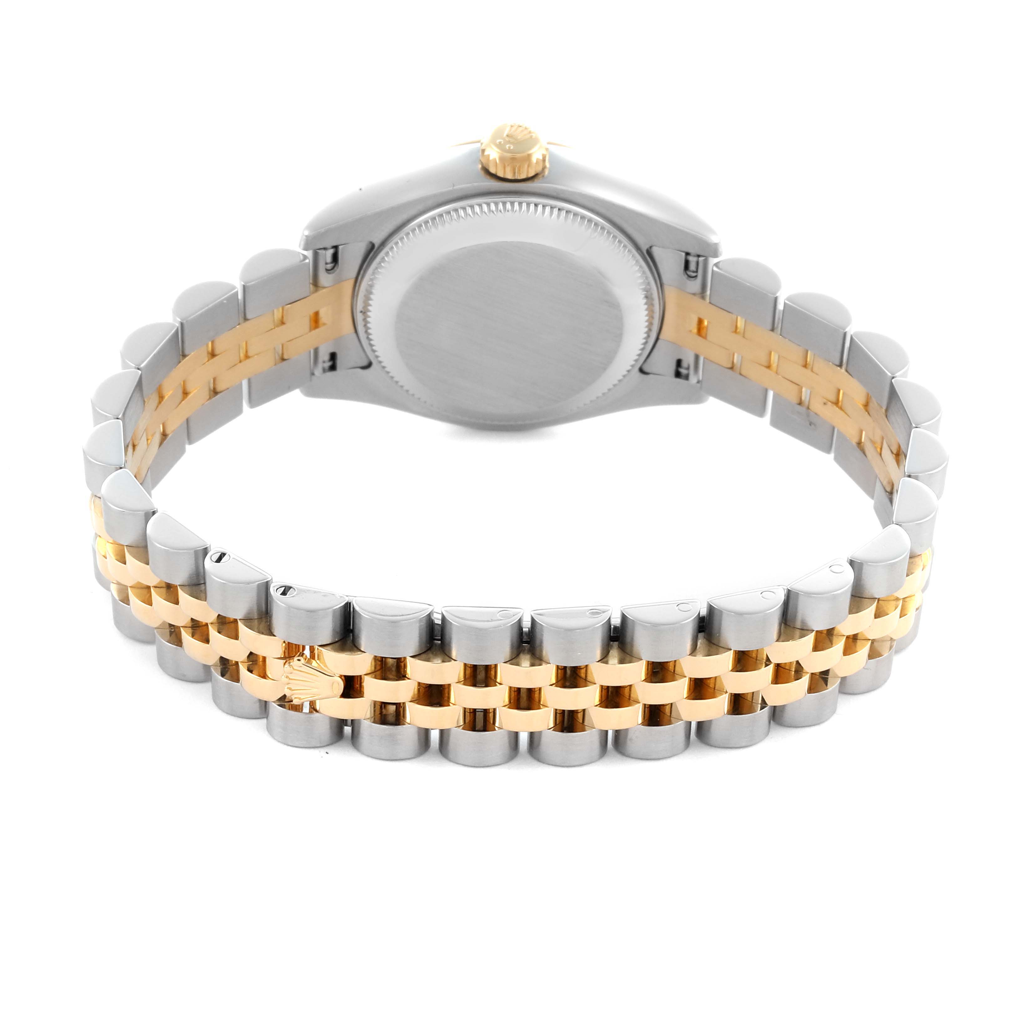 The image shows the back case and bracelet of a Rolex Datejust 179173 Women's Steel and Gold (two tone) Blue Dial 179173 Women's Steel and Gold (two tone) Blue Dial, highlighting the two-tone design and clasp.