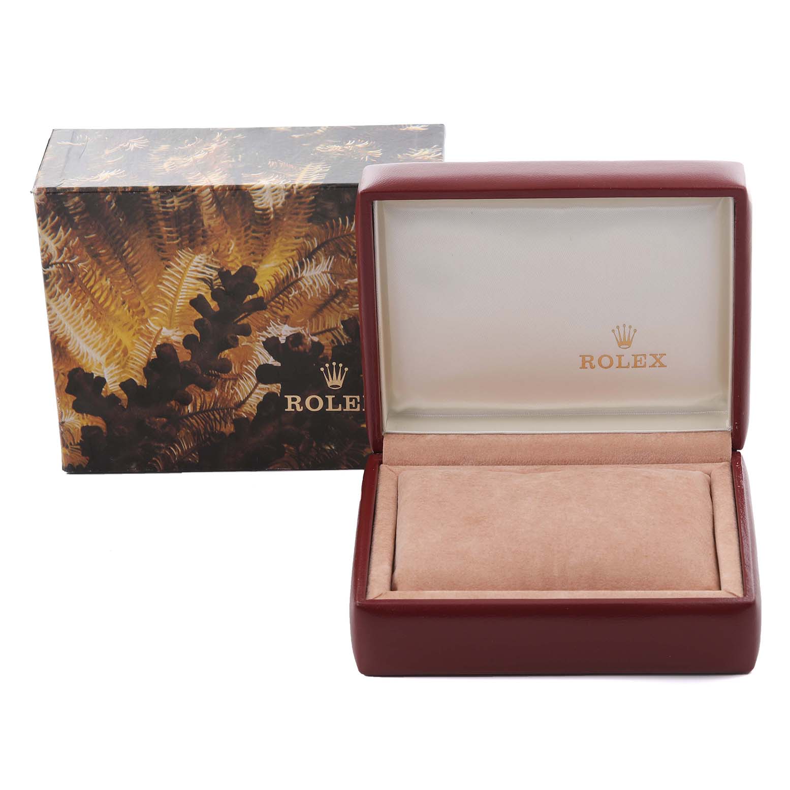 The image shows an empty Rolex Date 69173 Women's Steel and Gold (two tone) Champagne Dial 69173 Women's Steel and Gold (two tone) Champagne Dial model watch box, open at an angle to reveal the interior.