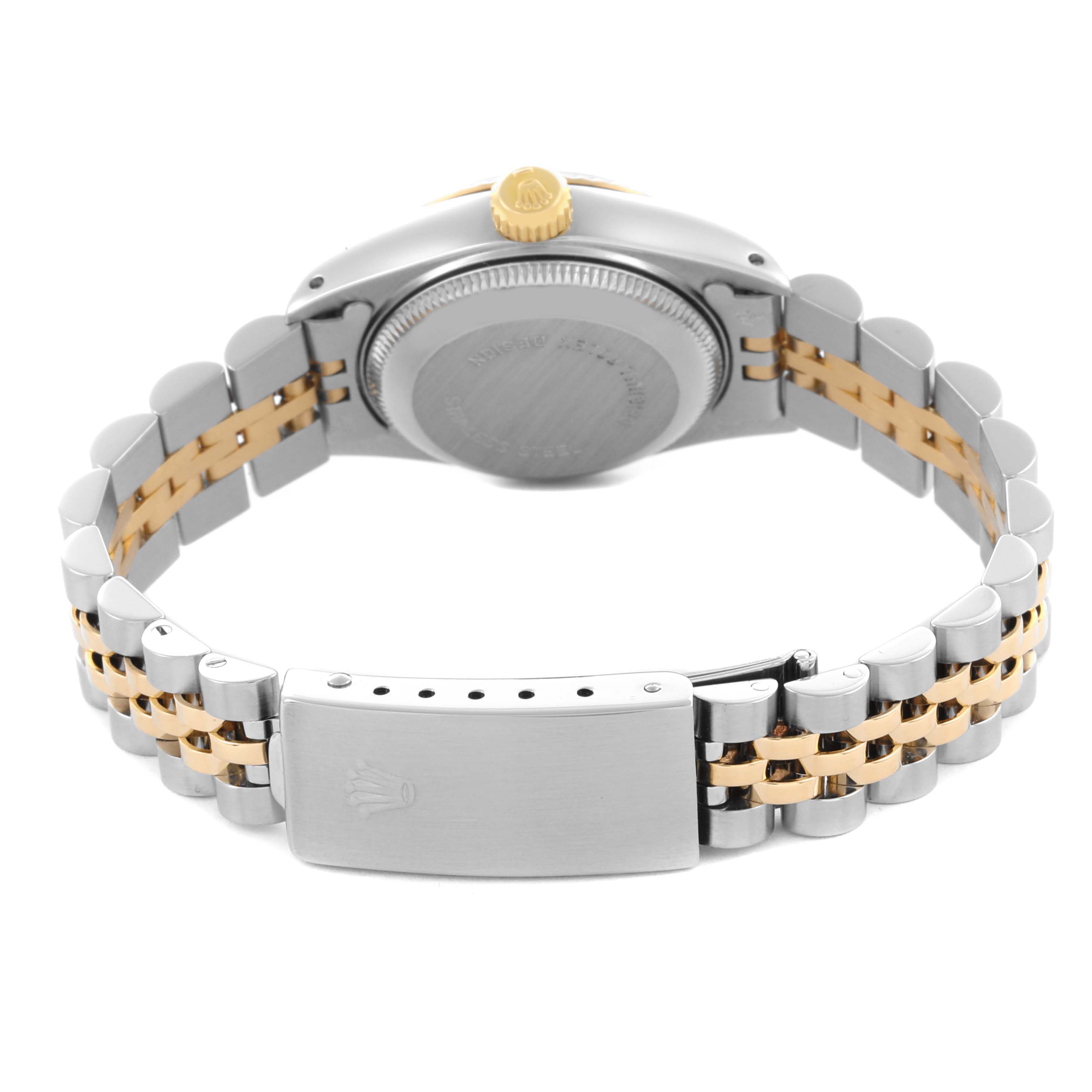 The image shows the back and bracelet of the Rolex Date 69173 Women's Steel and Gold (two tone) Champagne Dial 69173 Women's Steel and Gold (two tone) Champagne Dial watch, highlighting the clasp and case back.