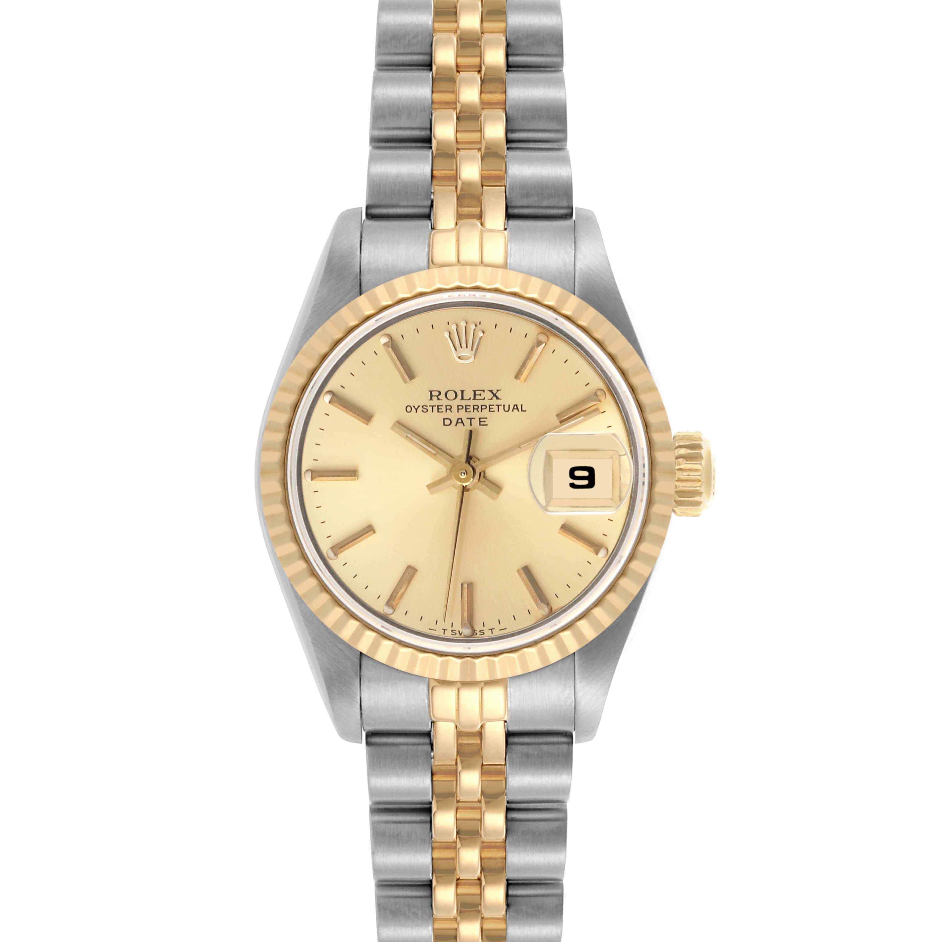 The Rolex Date 69173 Women's Steel and Gold (two tone) Champagne Dial 69173 Women's Steel and Gold (two tone) Champagne Dial watch is shown from a front view, highlighting its dial, bezel, and two-tone bracelet.