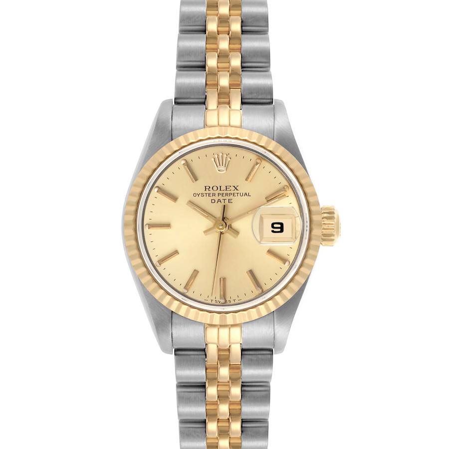 The Rolex Date watch is shown from a front view, highlighting its dial, bezel, and two-tone bracelet.