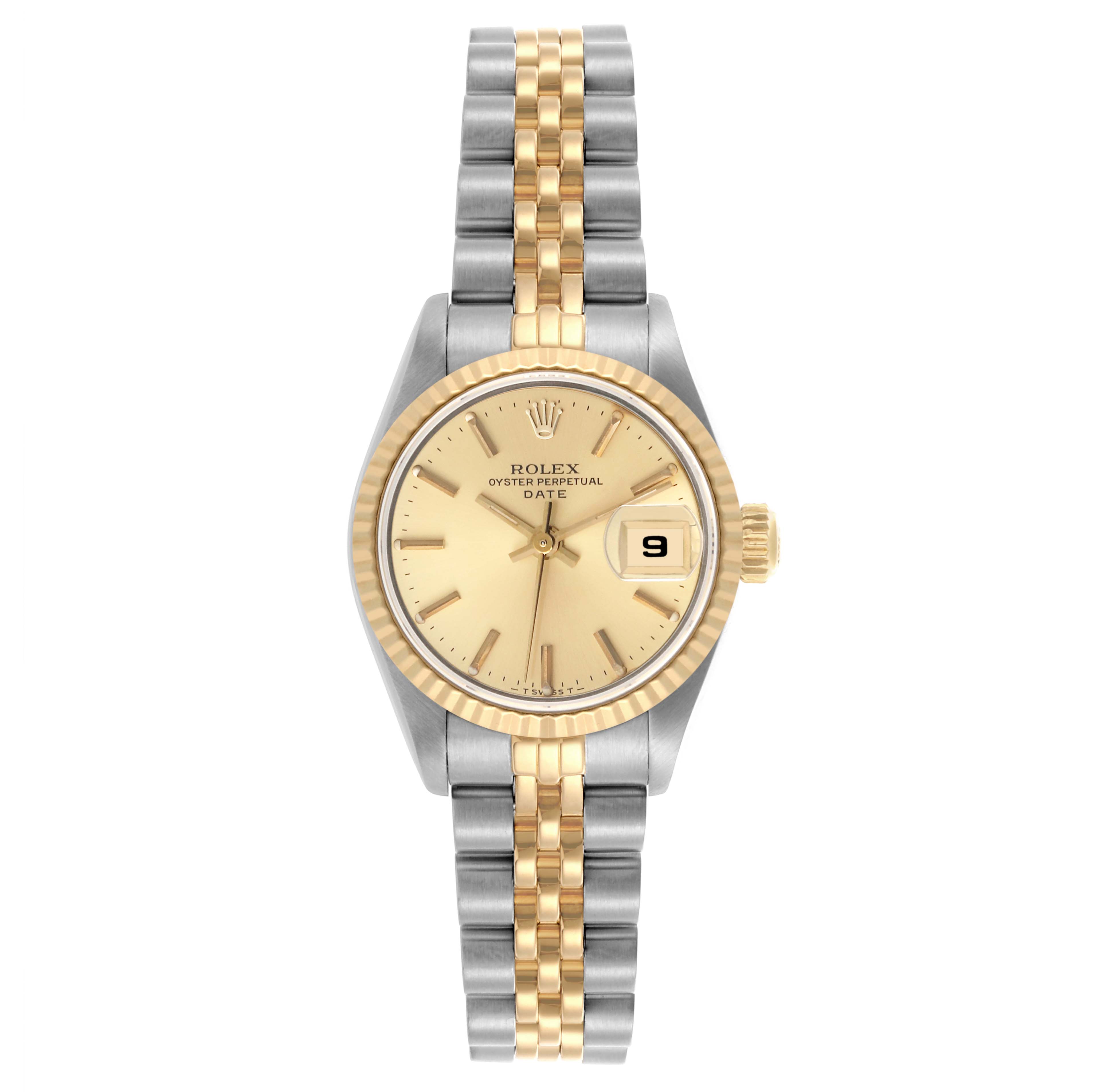 The Rolex Date 69173 Women's Steel and Gold (two tone) Champagne Dial 69173 Women's Steel and Gold (two tone) Champagne Dial model watch is shown from a top view, displaying the gold dial, bezel, and two-tone bracelet.