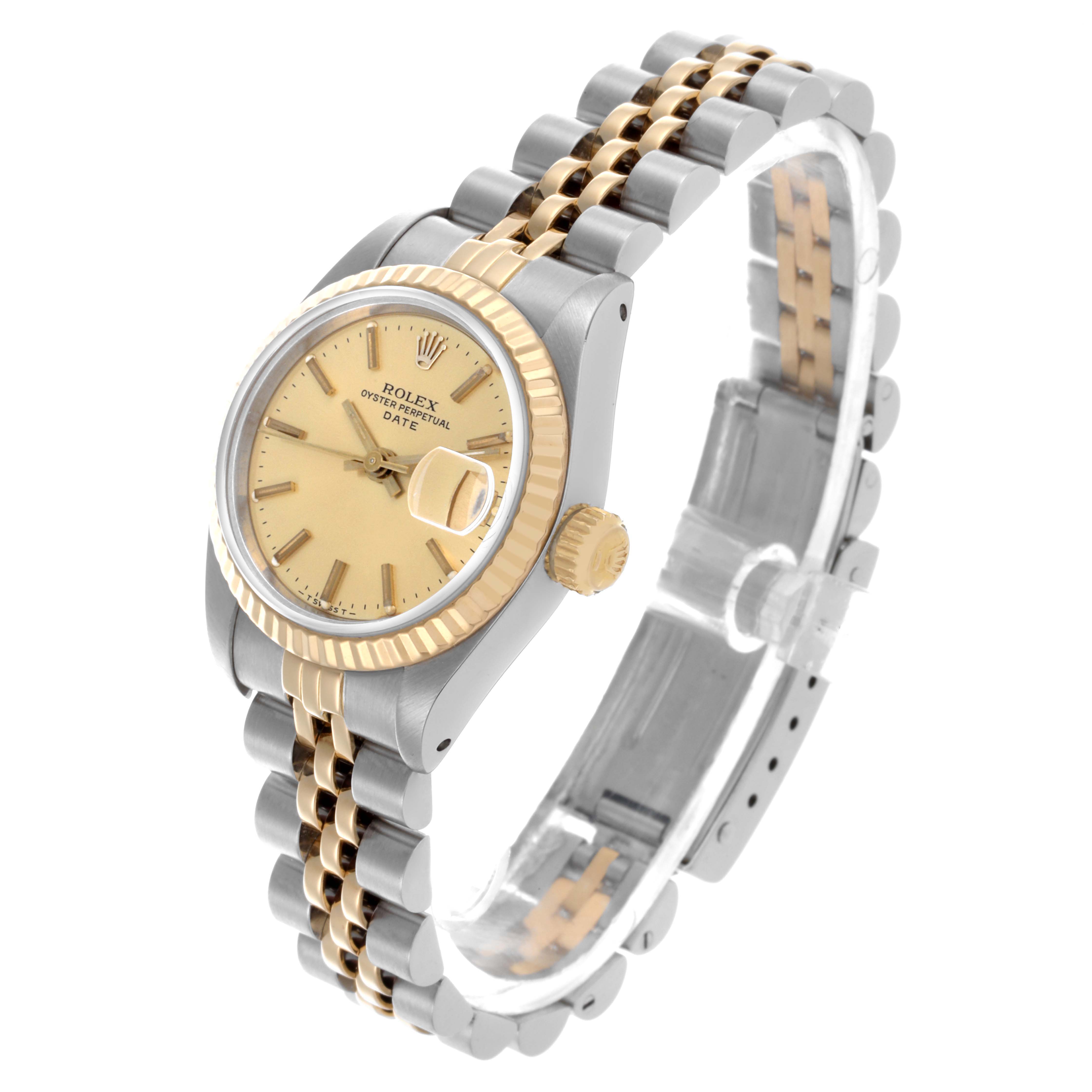 The Rolex Date 69173 Women's Steel and Gold (two tone) Champagne Dial 69173 Women's Steel and Gold (two tone) Champagne Dial watch is shown at an angled side view, highlighting the face, crown, bezel, and two-tone Jubilee bracelet.