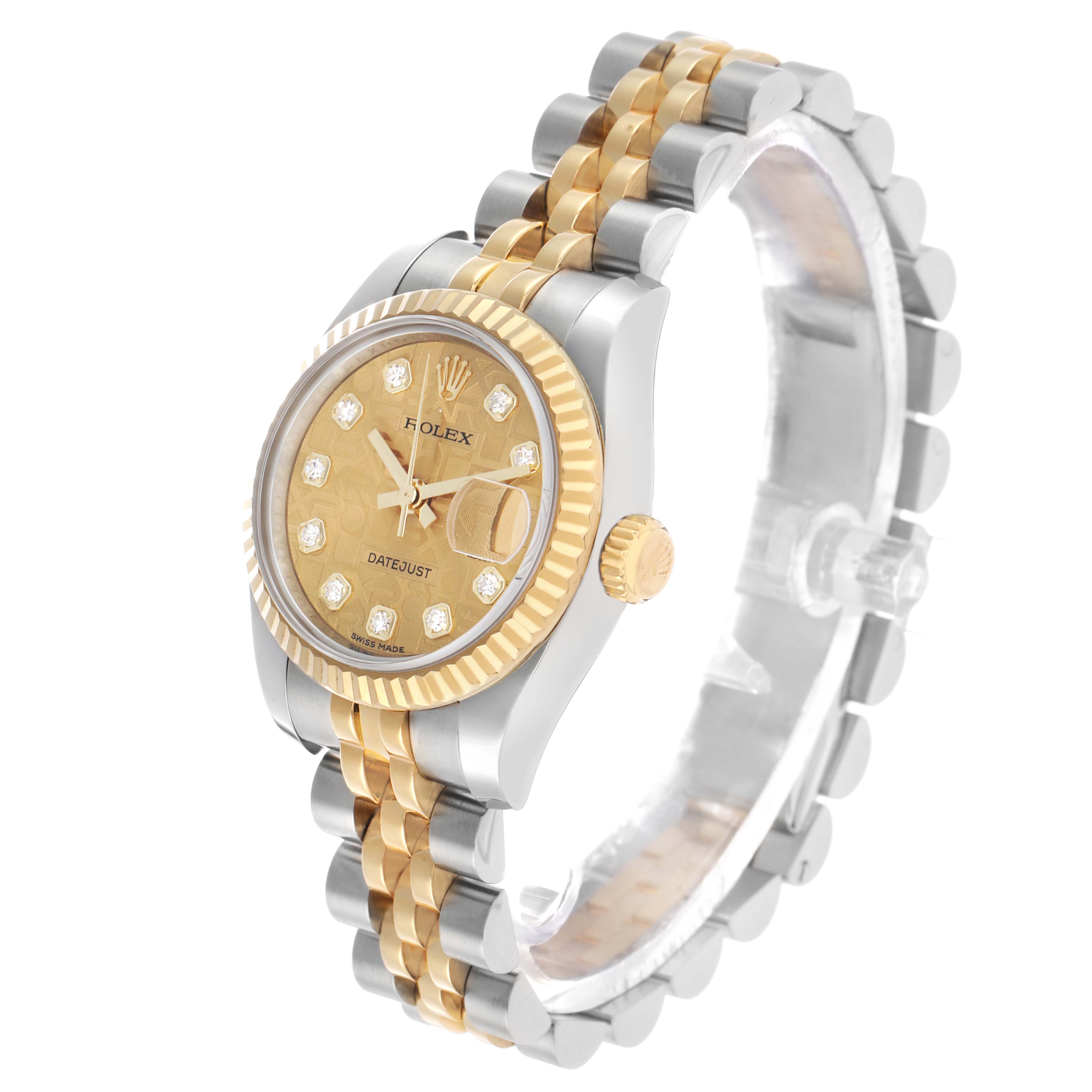The Rolex Datejust 179173 Women's Steel and Gold (two tone) Champagne Dial watch is shown at a three-quarter angle, displaying the face, bezel, crown, and bracelet.