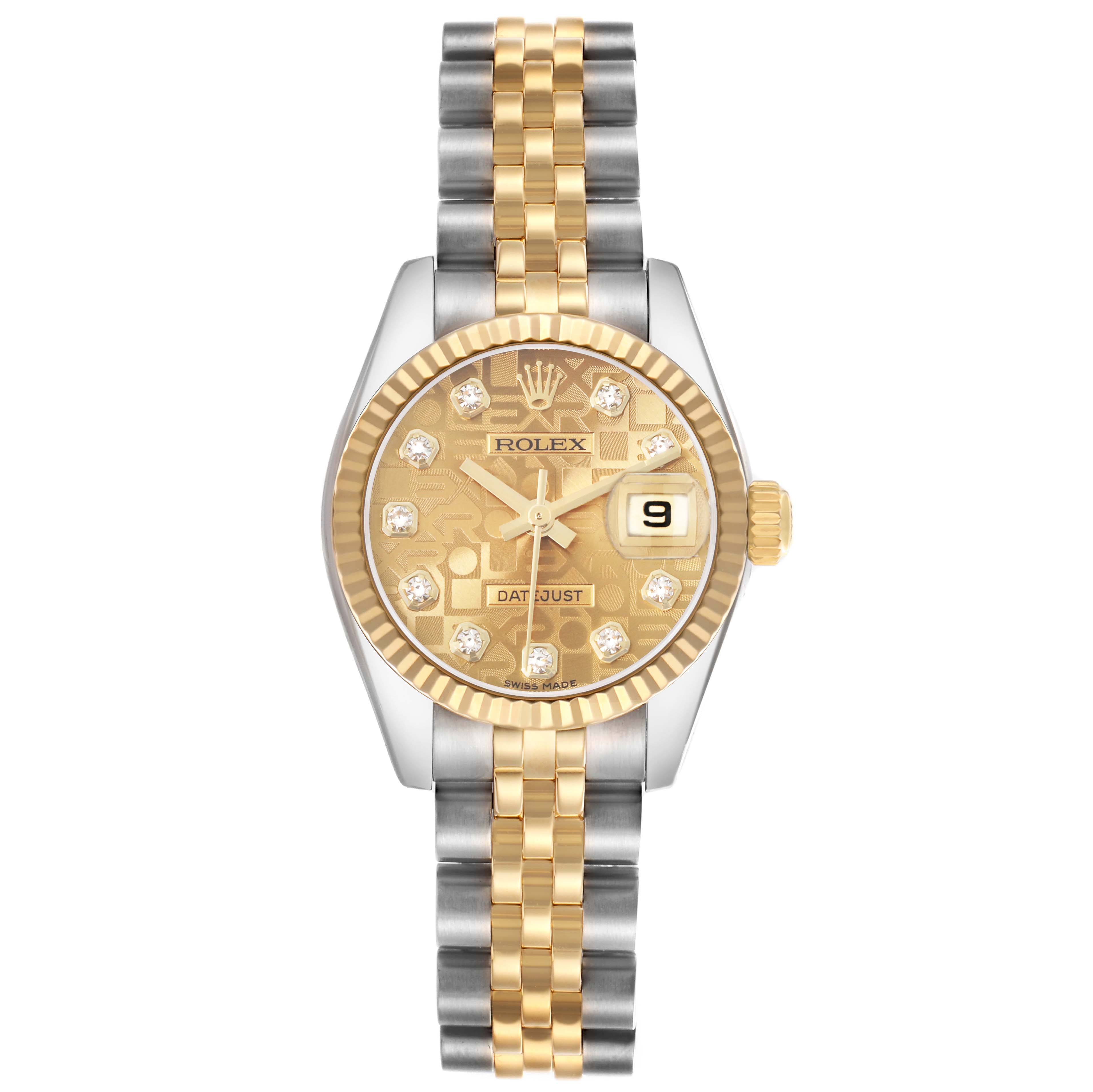 The Rolex Datejust 179173 Women's Steel and Gold (two tone) Champagne Dial watch is shown from the front, highlighting its gold dial, diamond markers, fluted bezel, and two-tone bracelet.