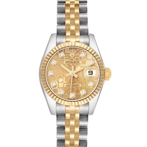 The Rolex Datejust 179173 Women's Steel and Gold (two tone) Champagne Dial watch is shown from a front angle, highlighting its dial, bezel, bracelet, and crown.