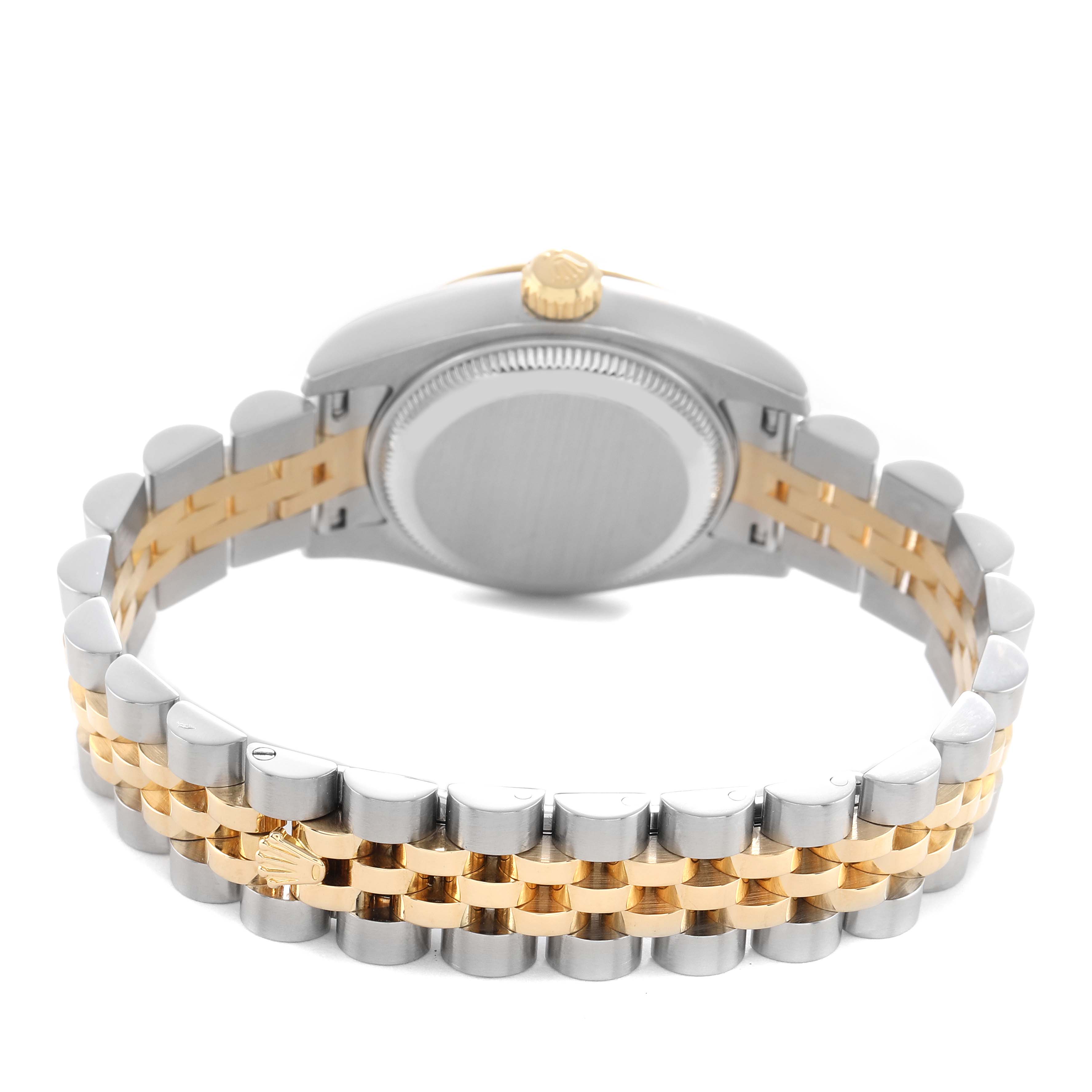 The image shows the back and bracelet of a Rolex Datejust 179173 Women's Steel and Gold (two tone) Champagne Dial with a two-tone design.