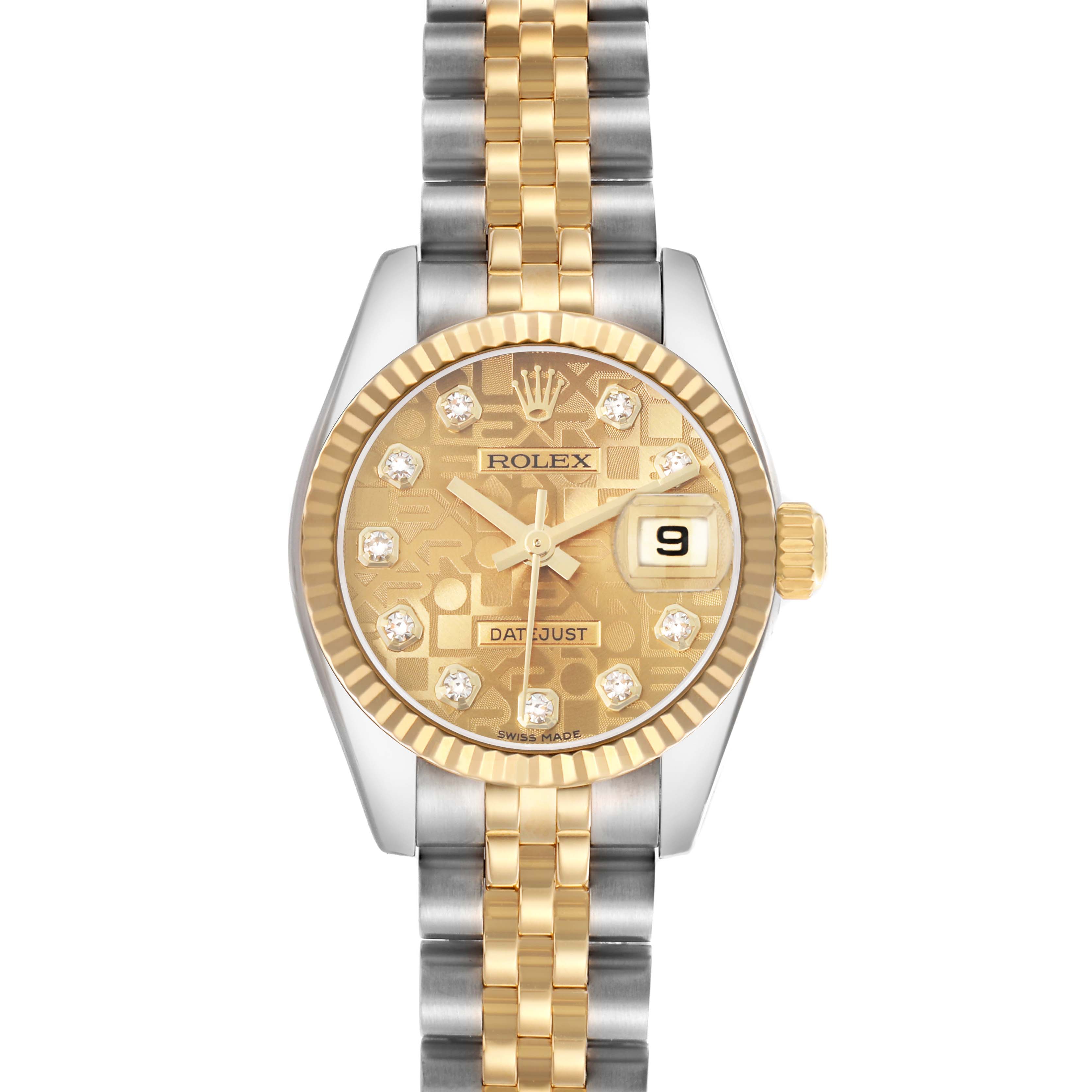 The Rolex Datejust 179173 Women's Steel and Gold (two tone) Champagne Dial watch is shown from a top view, displaying its dial, bezel, crown, and bi-metal bracelet.